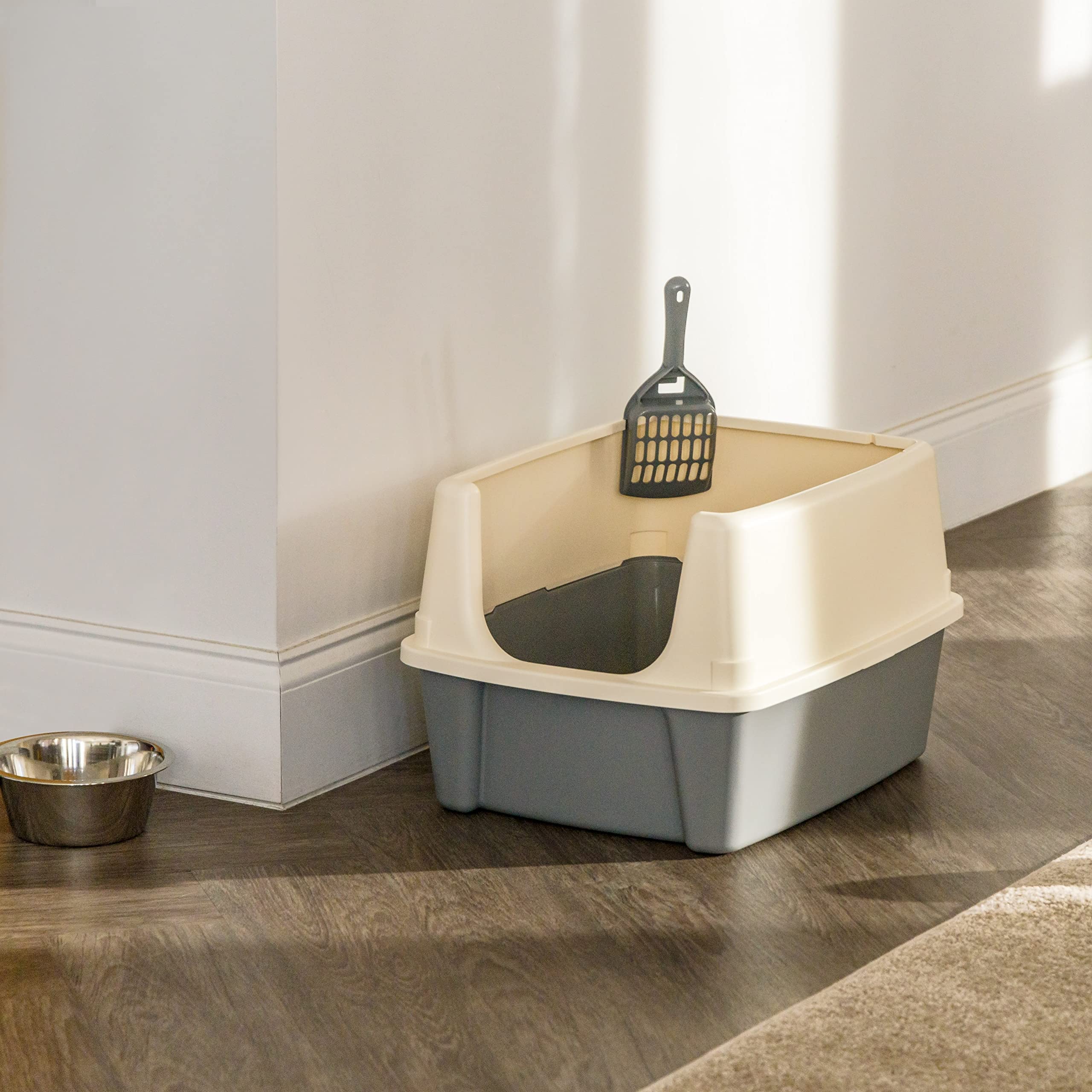 Large Cat Litter Box with High Sides, Open Top, Includes Scoop, 19 x 15 x 11.75 inches, Grey/Beige