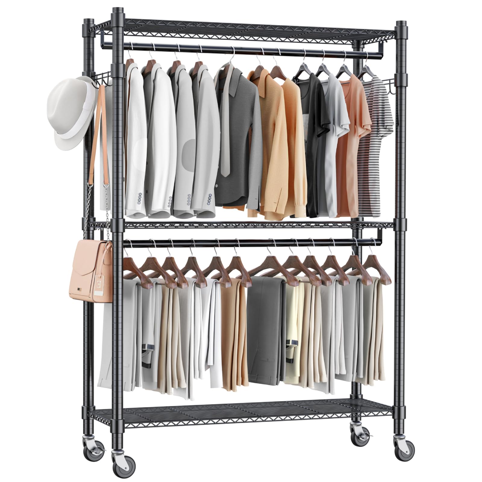 Heavy Duty Clothing Rack with 3 Tier Adjustable Wire Shelves, Garment Racks for Hanging Clothes, Double Rods Clothing Rack, Freestanding Closet Wardrobe with Side Hooks