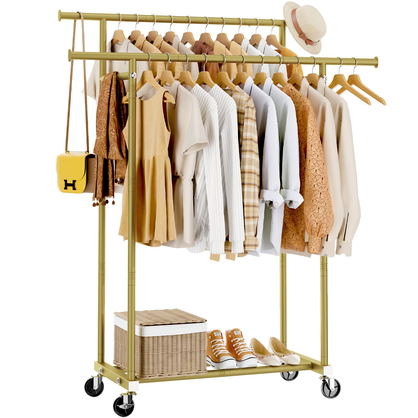 改Double Rods Clothes Rack, Sturdy Rolling Clothing Rack, Portable Clothing Racks for Hanging Clothes - Metal Garment Rack Wardrobe Coat Rack for Bedroom Laundry Living Room, Black