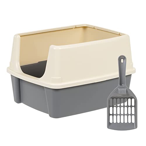 Large Cat Litter Box with High Sides, Open Top, Includes Scoop, 19 x 15 x 11.75 inches, Grey/Beige