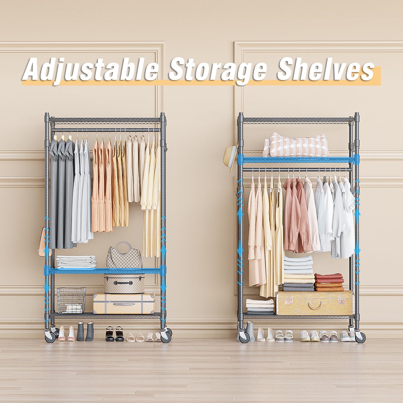 Heavy Duty Clothing Rack with 3 Tier Adjustable Wire Shelves, Garment Racks for Hanging Clothes, Double Rods Clothing Rack, Freestanding Closet Wardrobe with Side Hooks