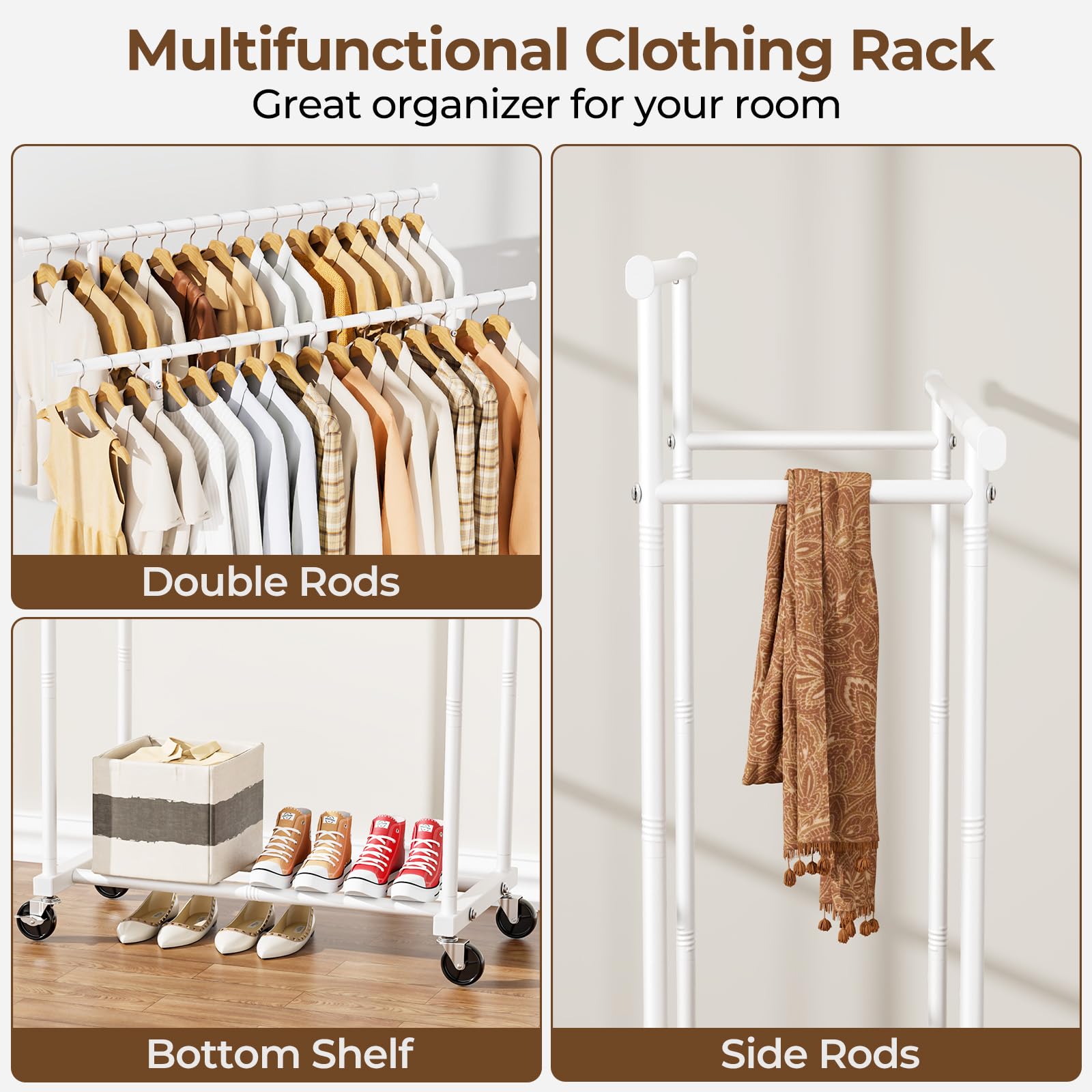 改Double Rods Clothes Rack, Rolling Clothing Rack for Hanging Clothes Portable Wardrobe Rack, Metal Garment Rack Sturdy Coat Rack for Bedroom Laundry Living Room, Black