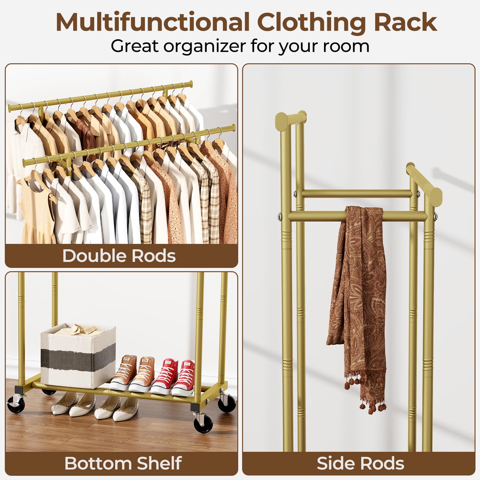 改Double Rods Clothes Rack, Sturdy Rolling Clothing Rack, Portable Clothing Racks for Hanging Clothes - Metal Garment Rack Wardrobe Coat Rack for Bedroom Laundry Living Room, Black