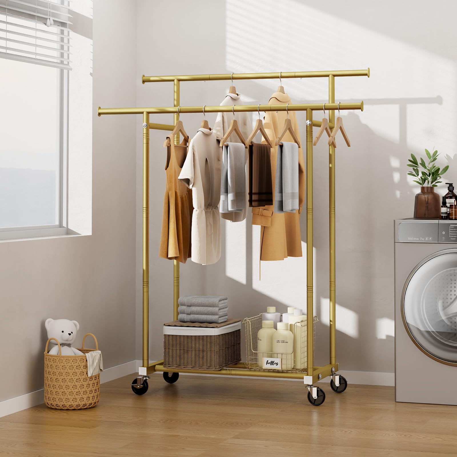 改Double Rods Clothes Rack, Sturdy Rolling Clothing Rack, Portable Clothing Racks for Hanging Clothes - Metal Garment Rack Wardrobe Coat Rack for Bedroom Laundry Living Room, Black