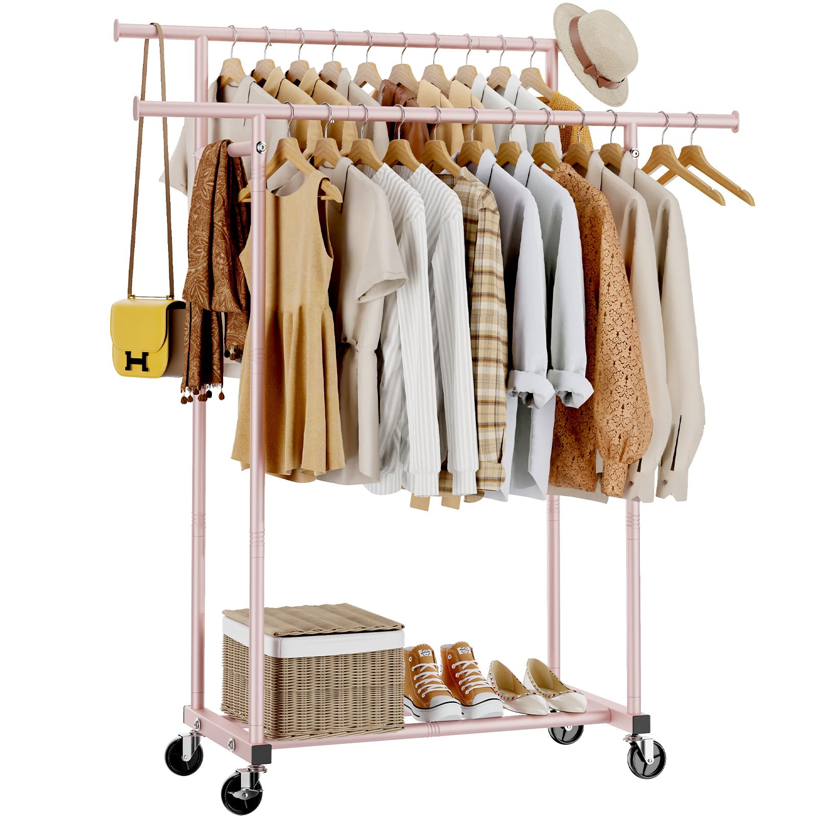 改Double Rods Clothes Rack, Sturdy Rolling Clothing Rack, Portable Clothing Racks for Hanging Clothes - Metal Garment Rack Wardrobe Coat Rack for Bedroom Laundry Living Room, Black