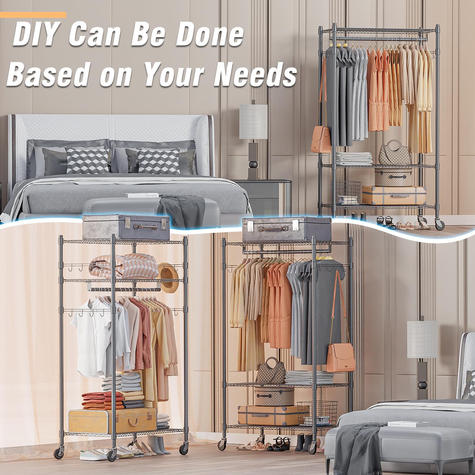 Heavy Duty Clothing Rack with 3 Tier Adjustable Wire Shelves, Garment Racks for Hanging Clothes, Double Rods Clothing Rack, Freestanding Closet Wardrobe with Side Hooks