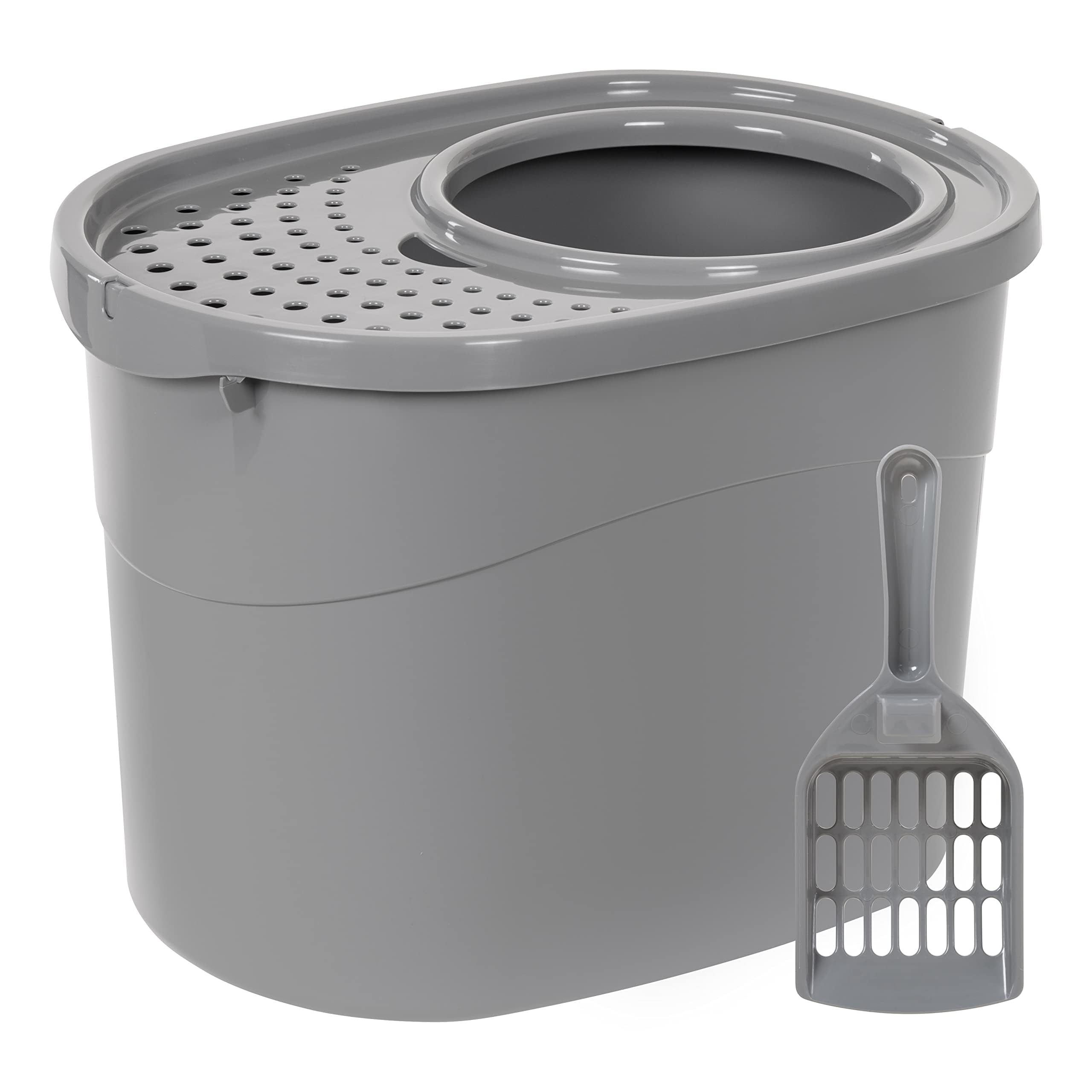 改Amazon Basics Large Cat Litter Box with High Sides, Open Top, Includes Scoop, 19 x 15 x 11.75 inches, Grey/Beige