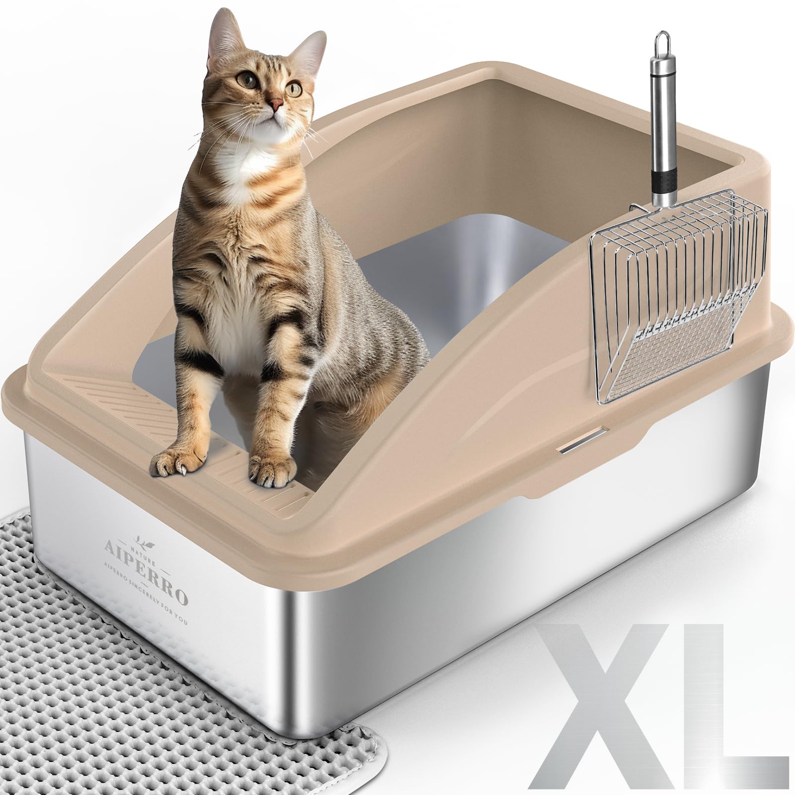 Stainless Steel Litter Box | XL Enclosed Cat Litter Box with Lid for Big Cats | High Sided, Anti-Urine Leakage | Non-Stick Bottom & Includes Litter Mat & Metal Scoop
