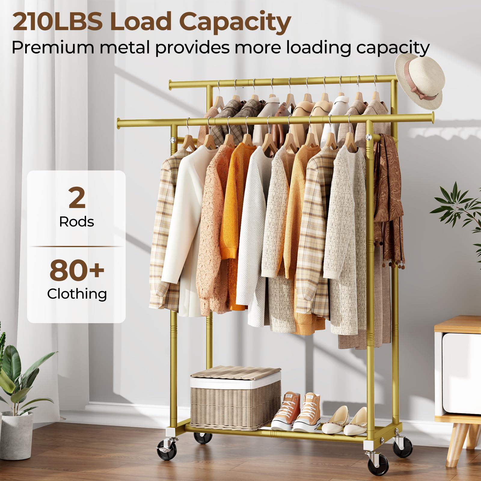 改Double Rods Clothes Rack, Sturdy Rolling Clothing Rack, Portable Clothing Racks for Hanging Clothes - Metal Garment Rack Wardrobe Coat Rack for Bedroom Laundry Living Room, Black