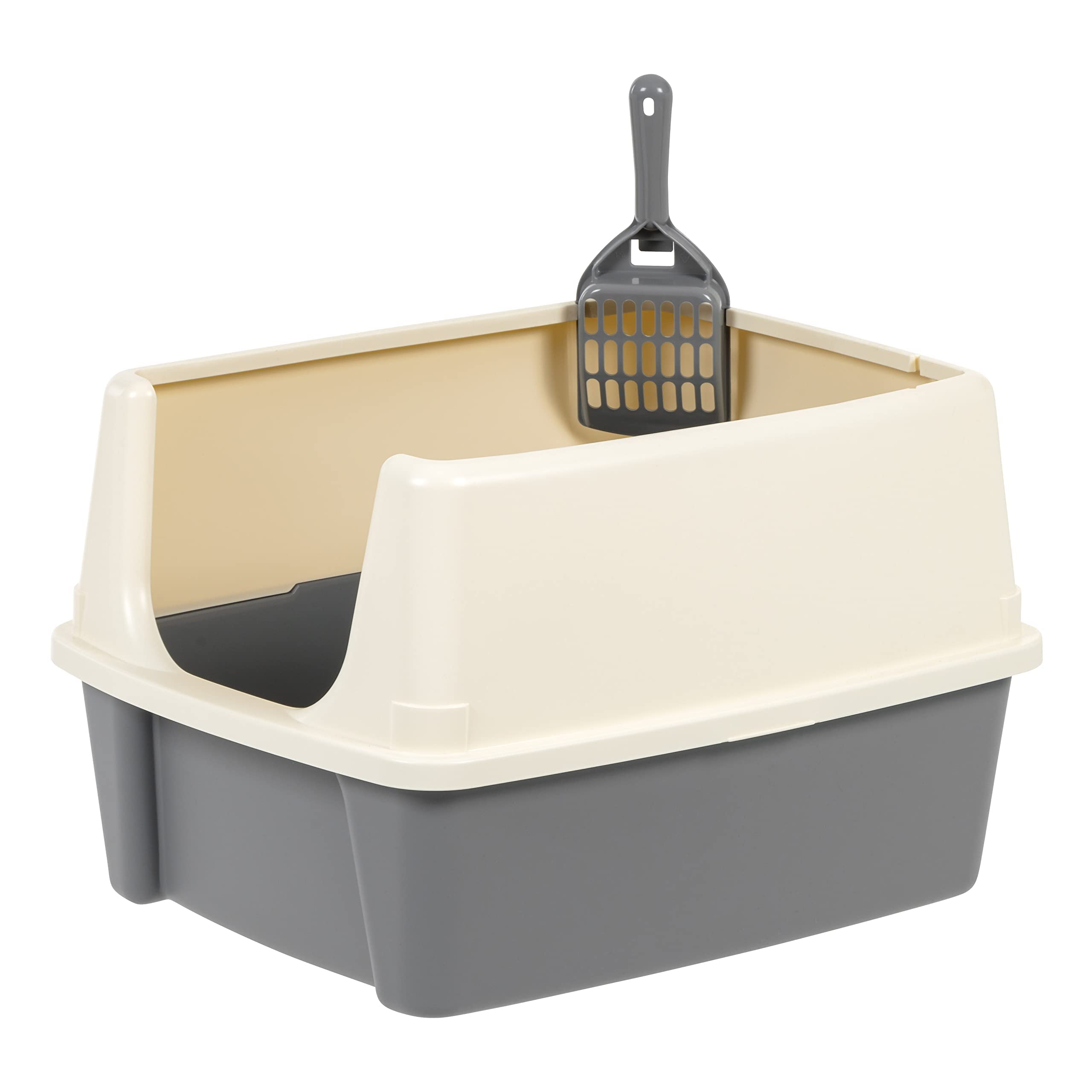 Large Cat Litter Box with High Sides, Open Top, Includes Scoop, 19 x 15 x 11.75 inches, Grey/Beige