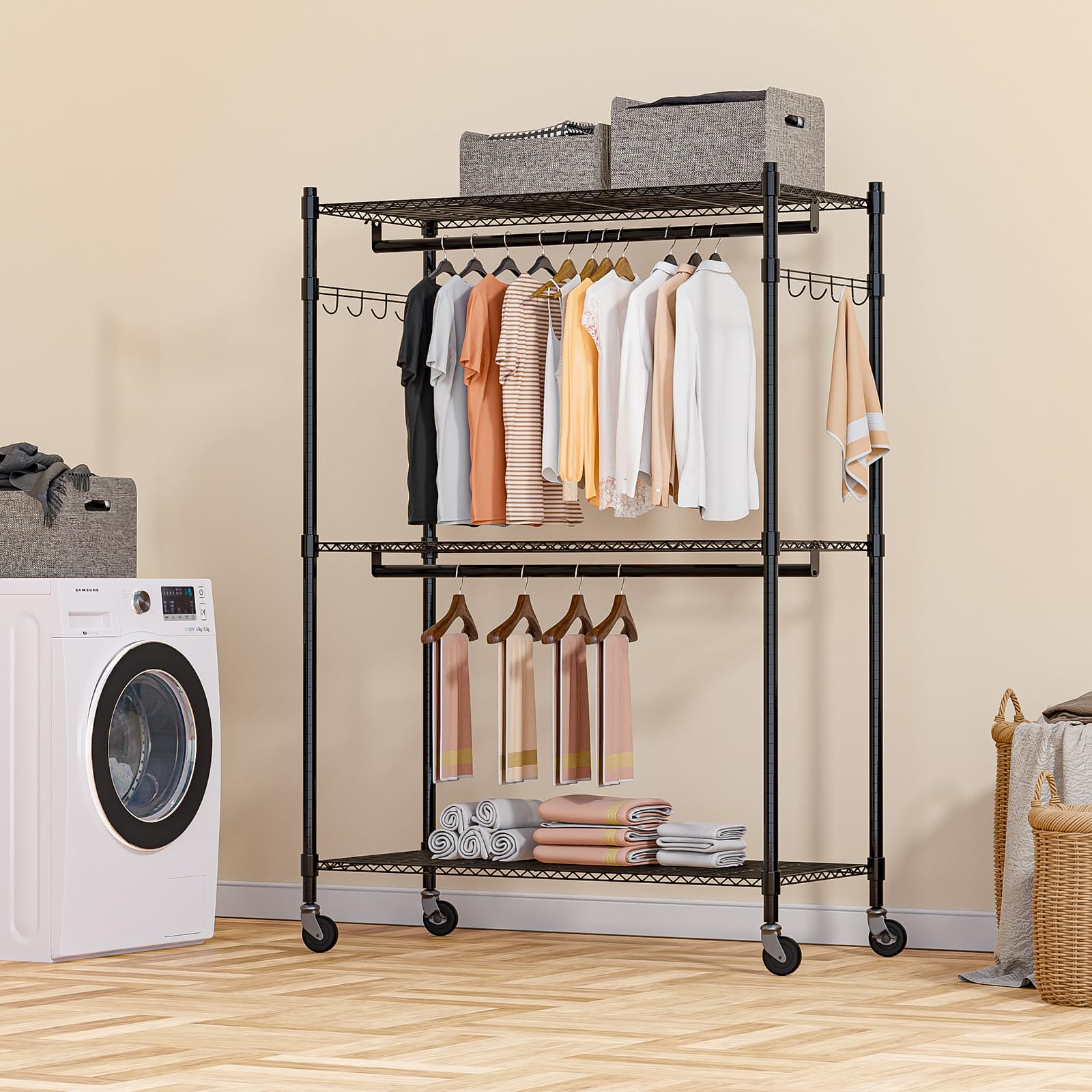 改Homdox Heavy Duty Clothing Rack with 3 Tier Adjustable Wire Shelves, Garment Racks for Hanging Clothes, Double Rods Clothing Rack, Freestanding Closet Wardrobe with Side Hooks, Black