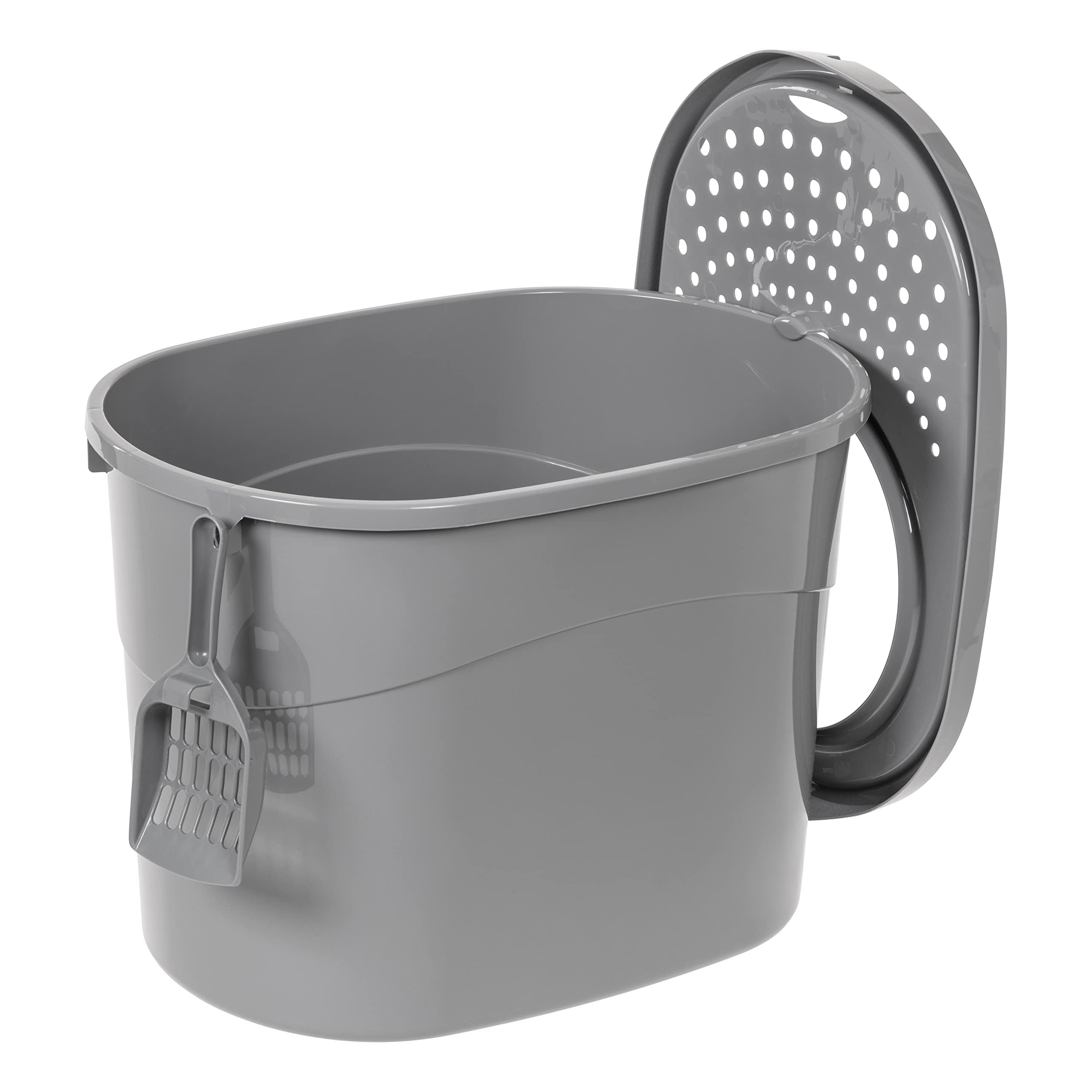 改Amazon Basics Large Cat Litter Box with High Sides, Open Top, Includes Scoop, 19 x 15 x 11.75 inches, Grey/Beige