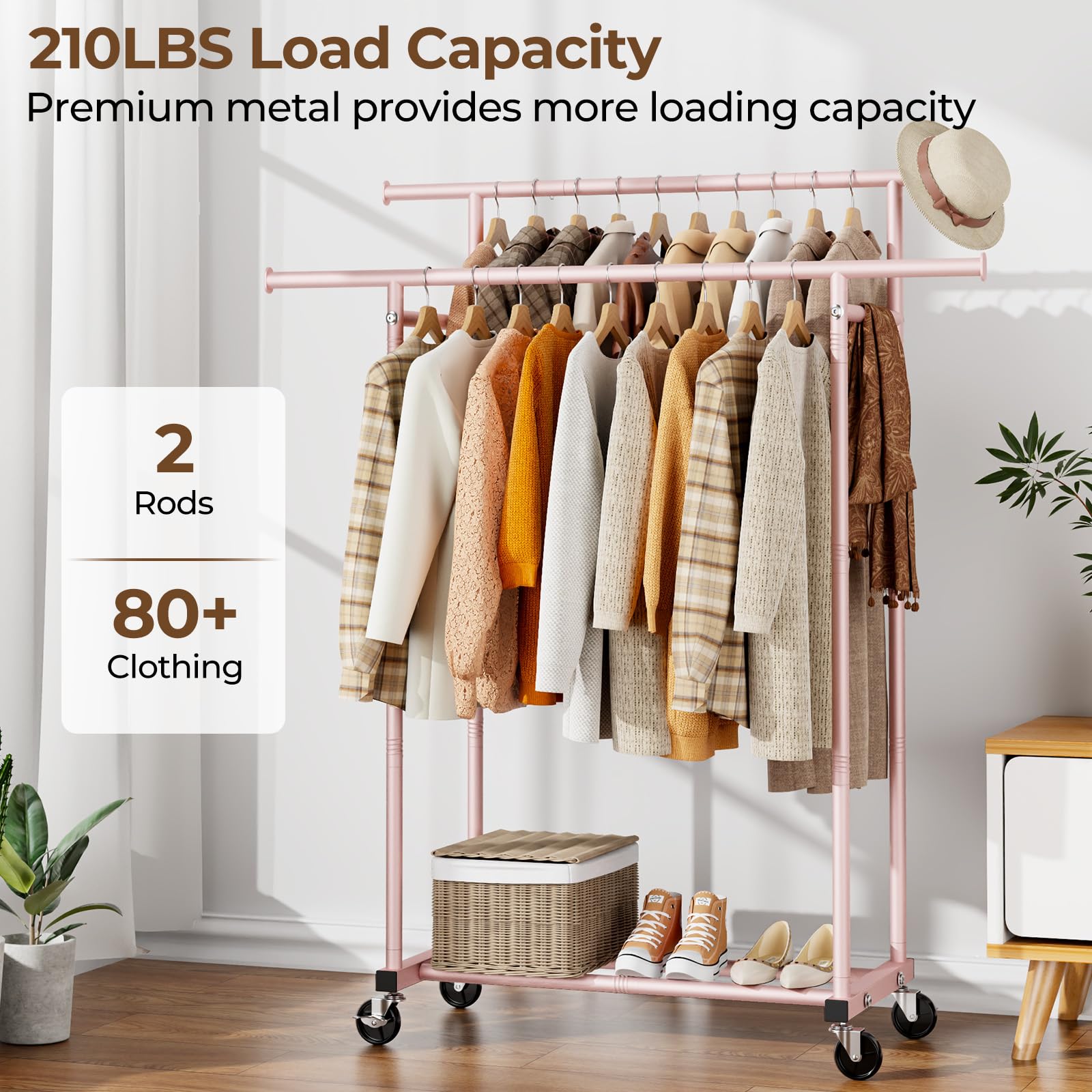 改Double Rods Clothes Rack, Sturdy Rolling Clothing Rack, Portable Clothing Racks for Hanging Clothes - Metal Garment Rack Wardrobe Coat Rack for Bedroom Laundry Living Room, Black