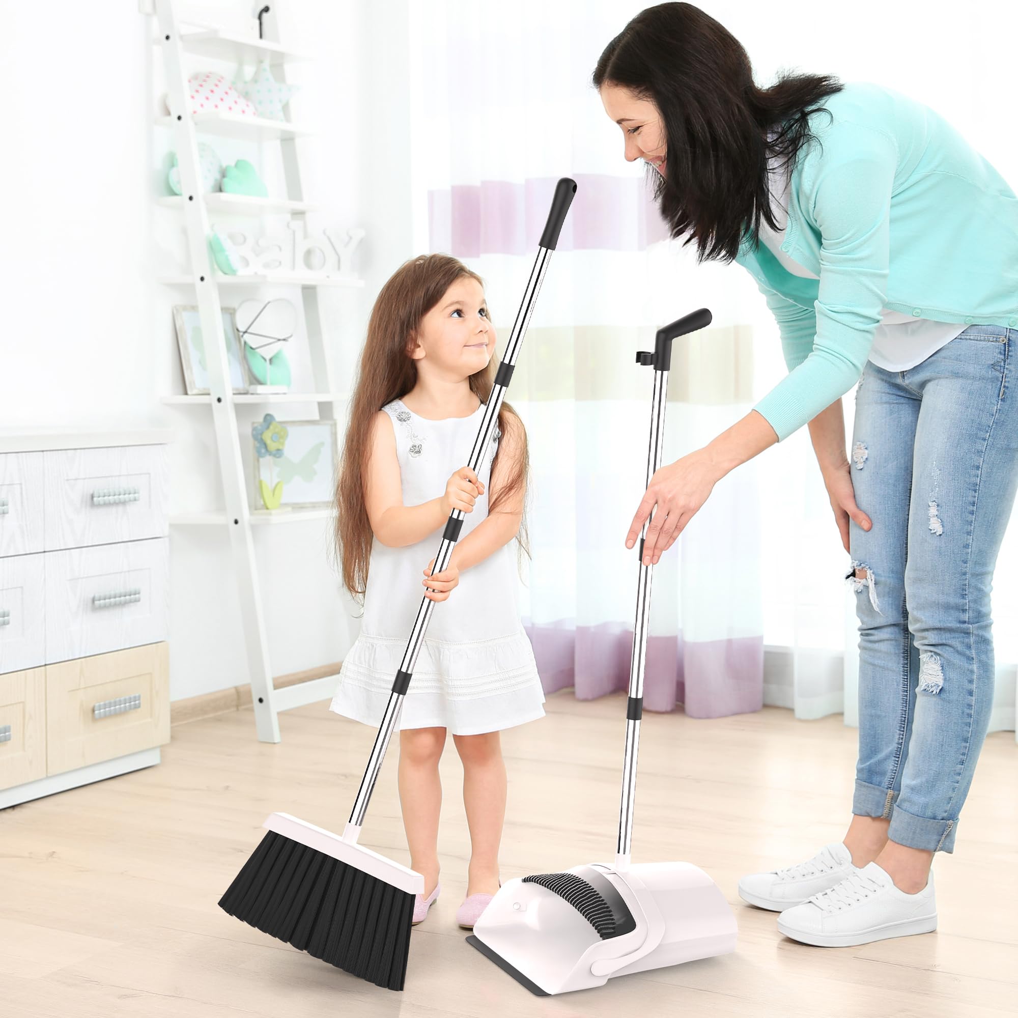 改Broom and Dustpan Set - Adjustable Handle, Upright Standing, Lightweight and Robust Long Handled Broom with Dustpan Combo Set | Efficient Cleaning for Home and Office