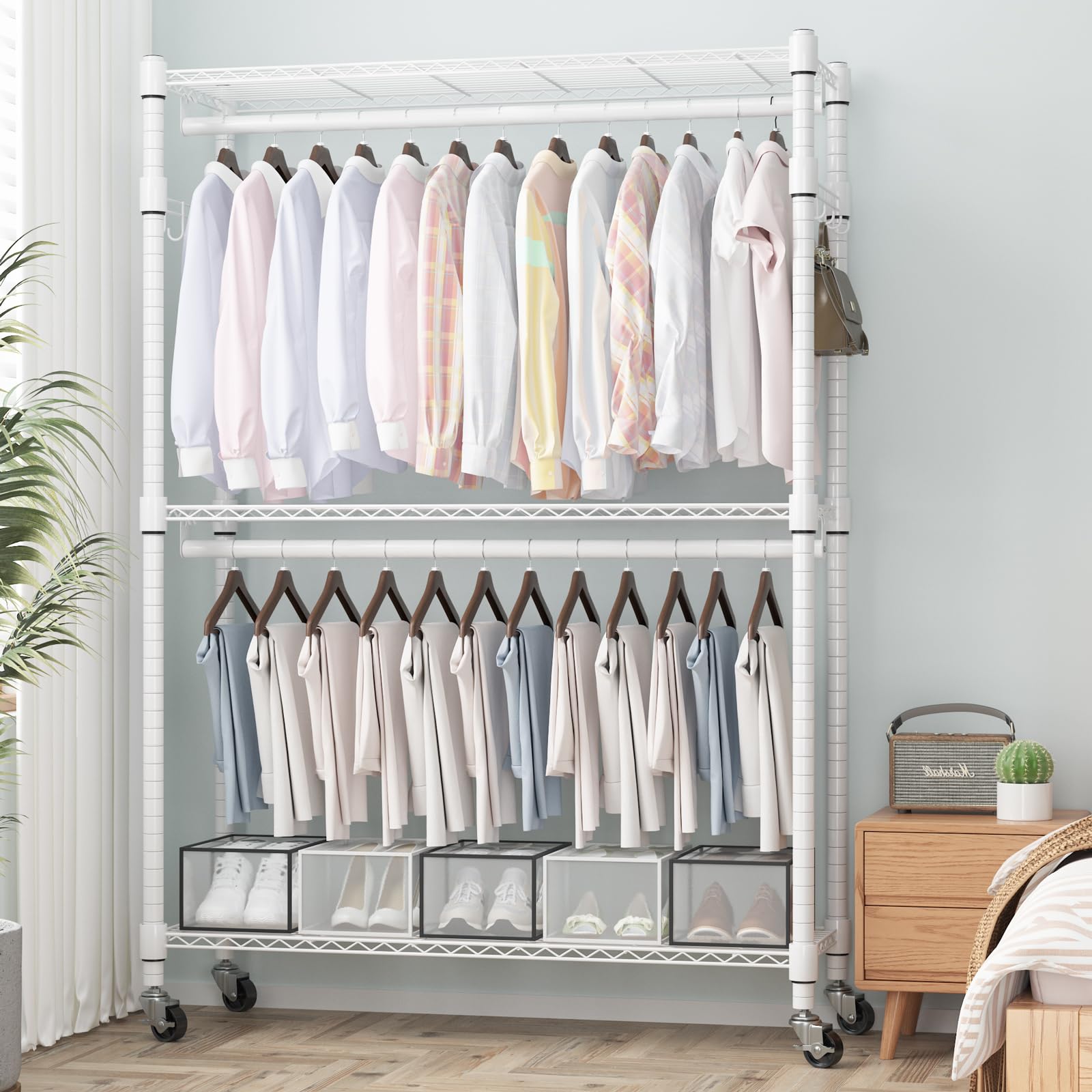 Heavy Duty Clothing Rack with 3 Tier Adjustable Wire Shelves, Garment Racks for Hanging Clothes, Double Rods Clothing Rack, Freestanding Closet Wardrobe with Side Hooks