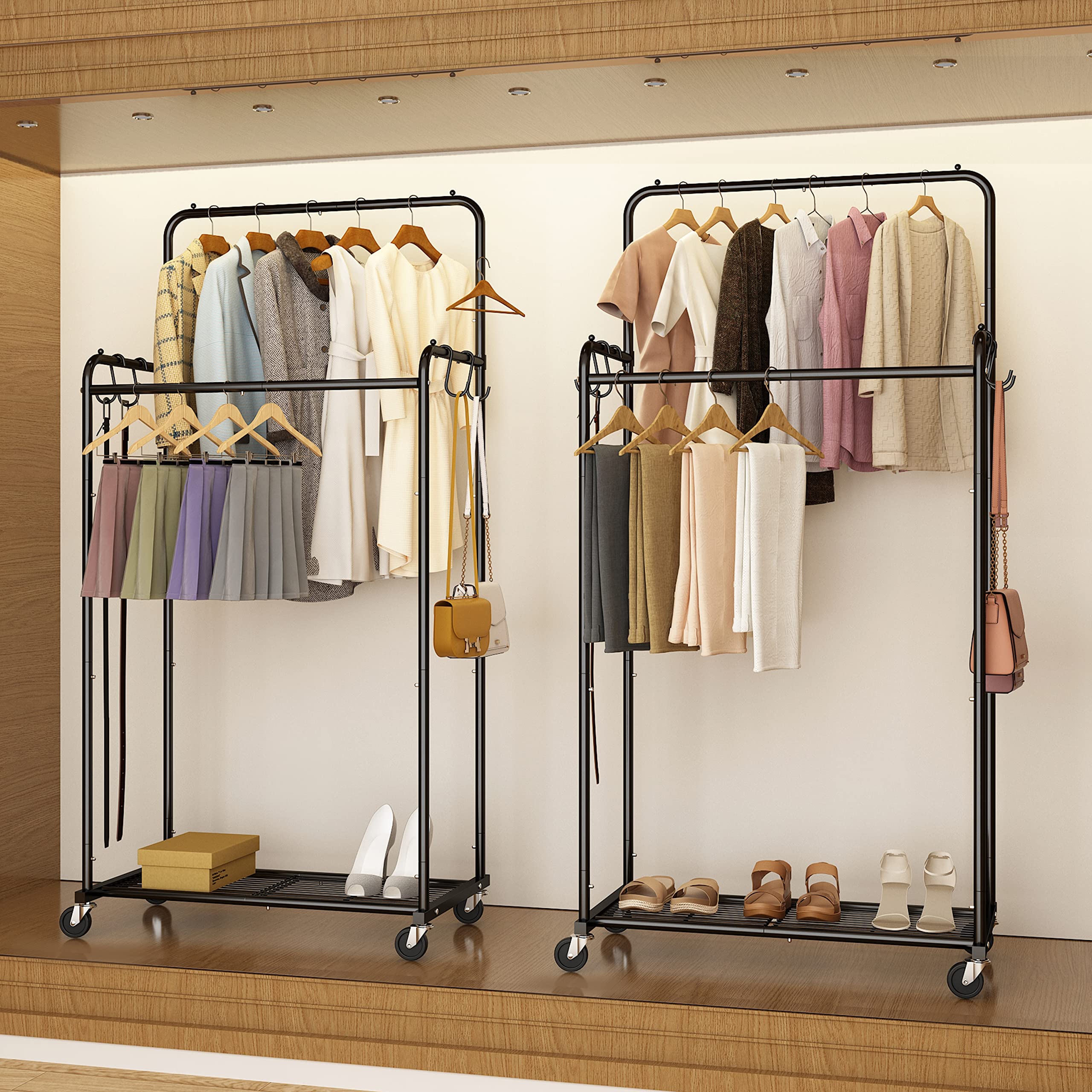 改Simple Trending Double Rod Clothes Garment Rack, Heavy Duty Clothing Rolling Rack on Wheels for Hanging Clothes,with 4 Hooks, Gold