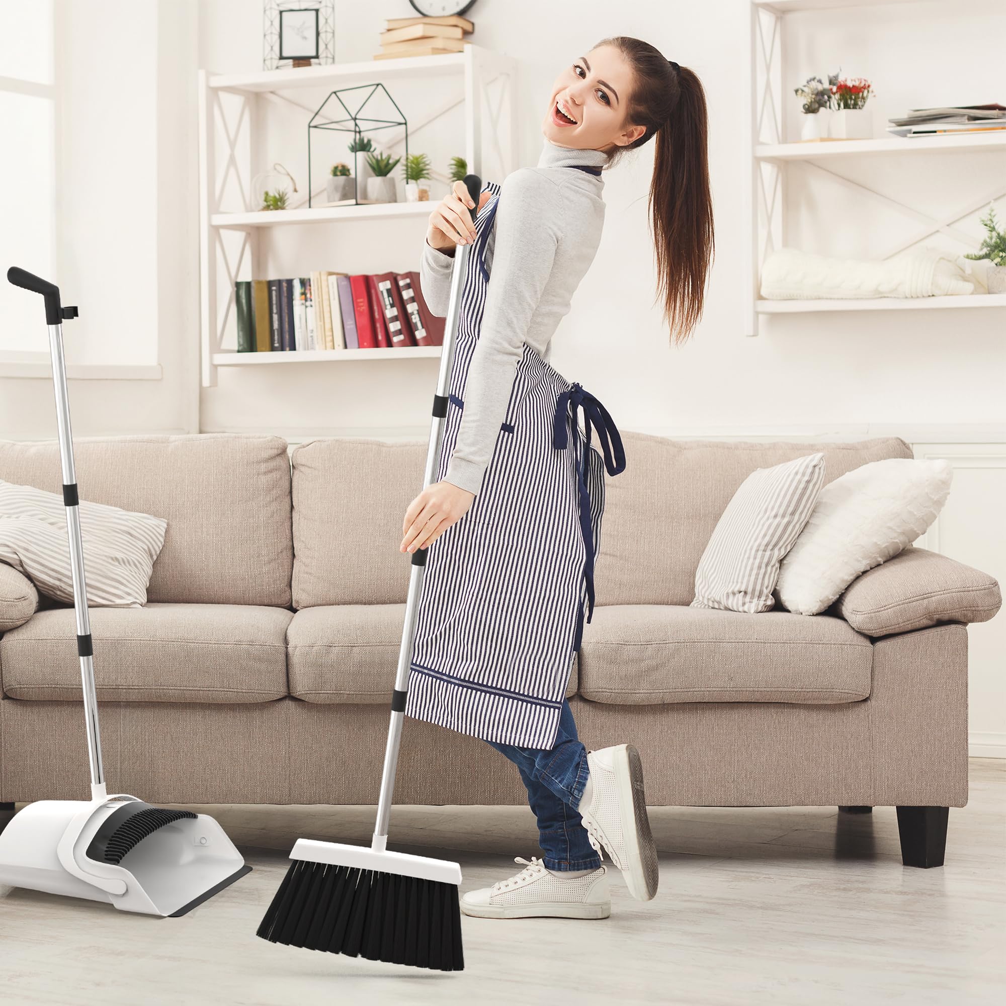 改Broom and Dustpan Set - Adjustable Handle, Upright Standing, Lightweight and Robust Long Handled Broom with Dustpan Combo Set | Efficient Cleaning for Home and Office