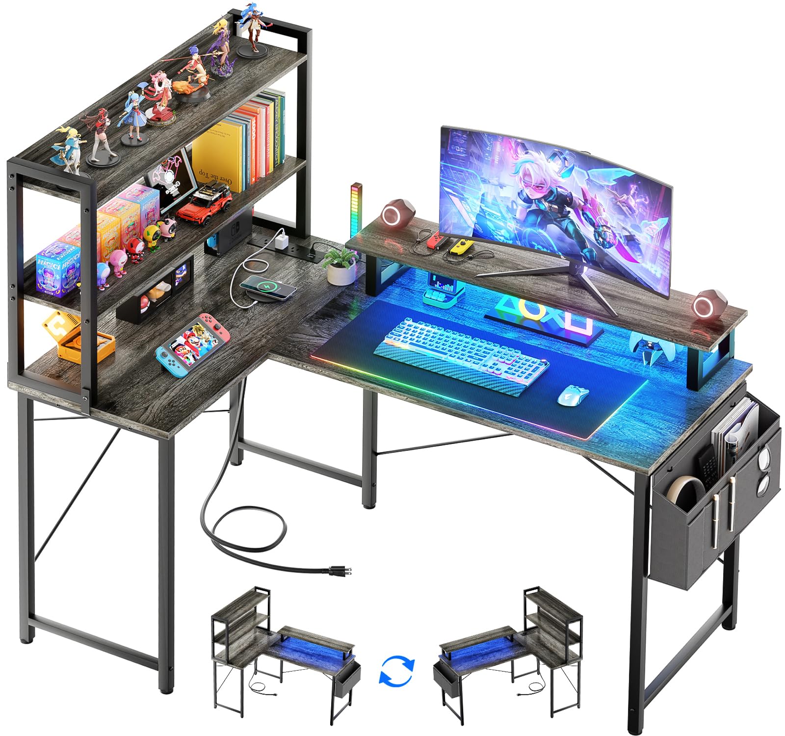 L Shaped Computer Desk with Bookshelf, 47 Inch Reversible Corner Gaming Desk with Charging Station & Led Light, Home Office Desk with Hutch Monitor Stand Storage Shelves Bag