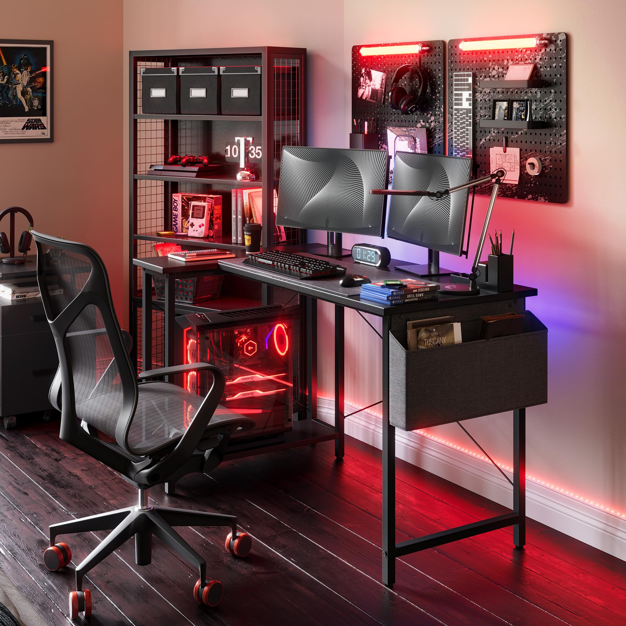 L Shaped Desk, Computer Desk with Reversible Storage Shelves Home Office Corner Desk Study Writing Table