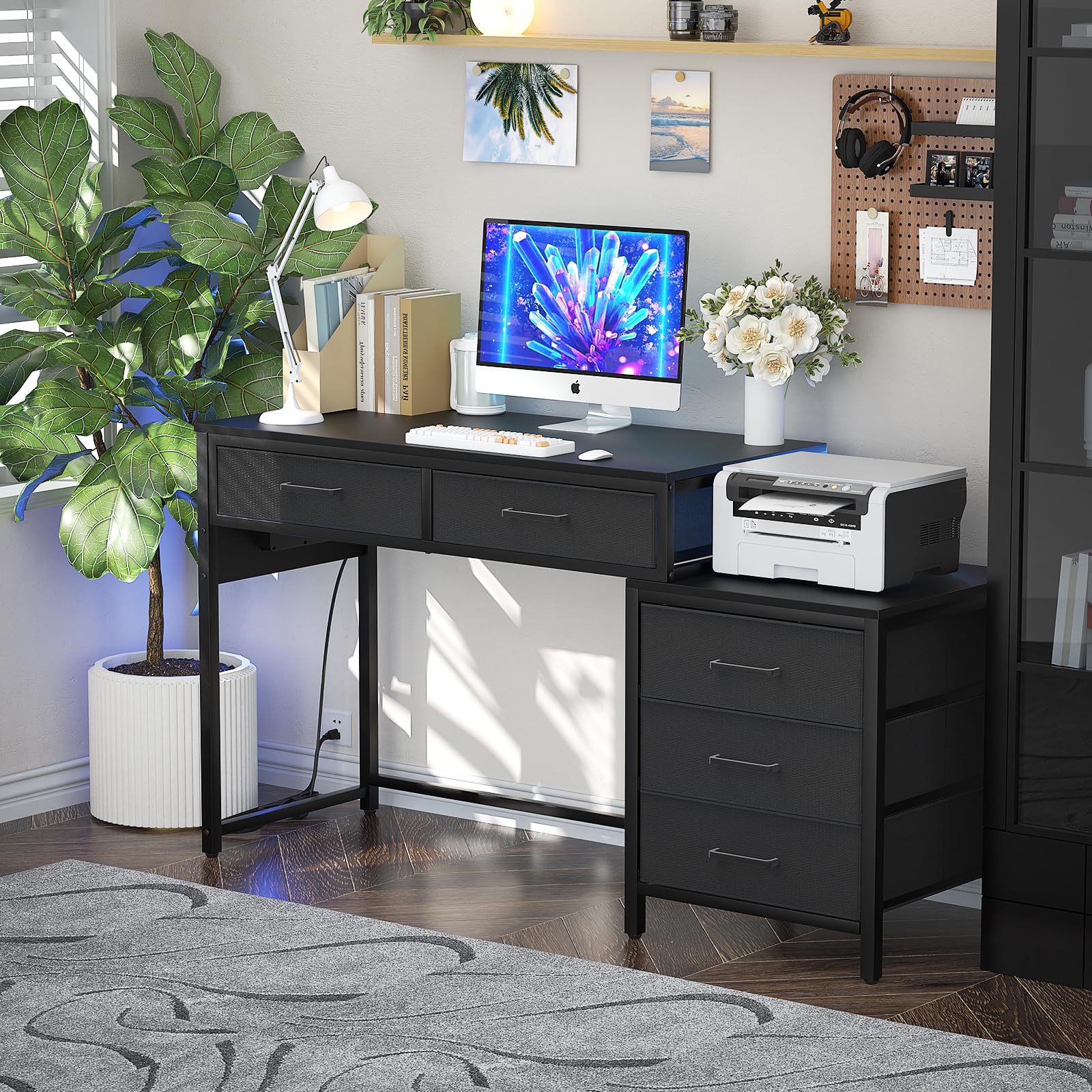 改Computer Desk with 5 Drawer, Reversible Office Desk with Power Outlets and USB Charging Ports, Sturdy Writing Table with File Cabinet and Printer Stand, Laptop Desk for Small Spaces, Black