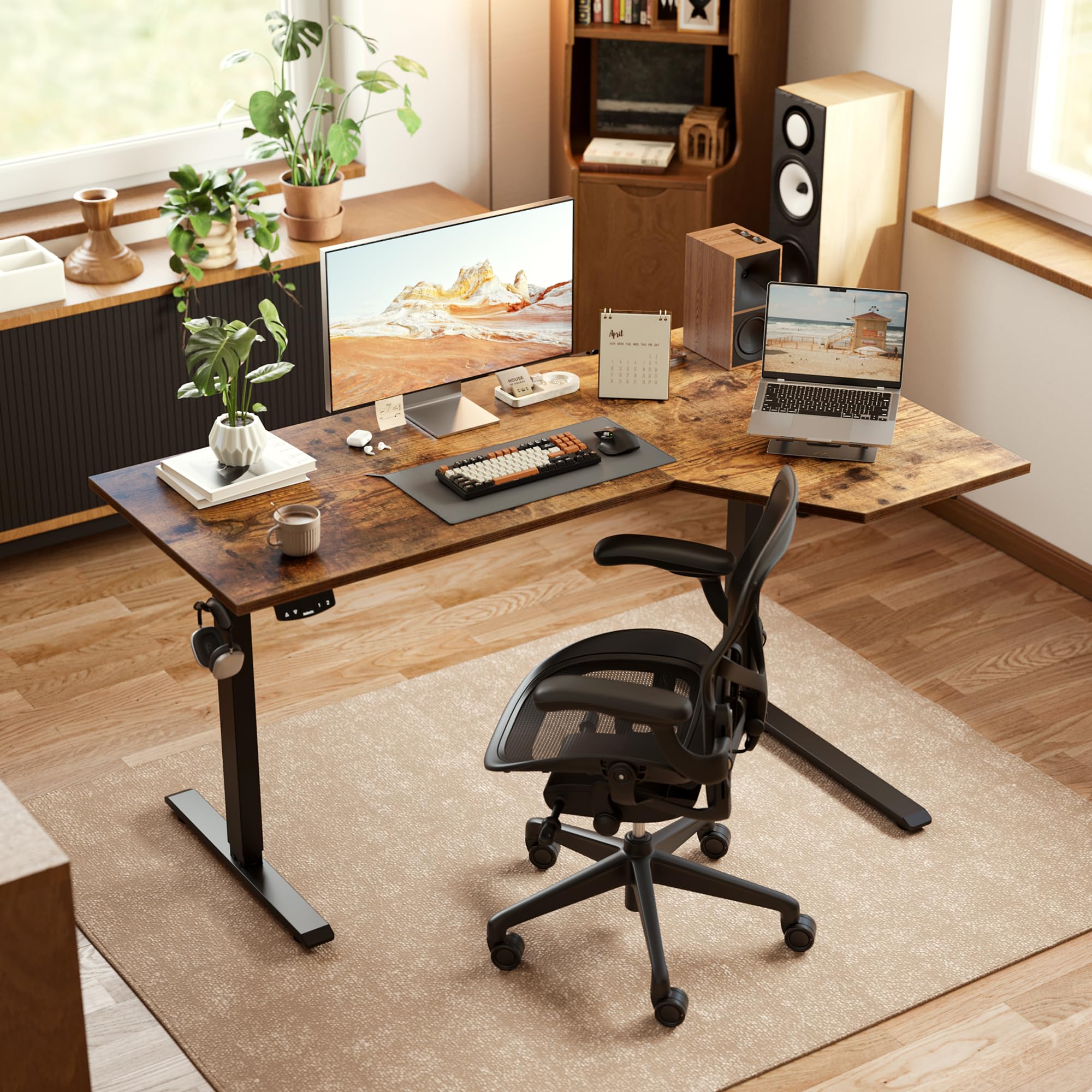 Electric Standing Desk, L-shaped 55 Inches Height Adjustable Desk, Sit and Stand up Desk for Work Office Home, Ergonomic Rising Computer Table for Home Office with Splice Board