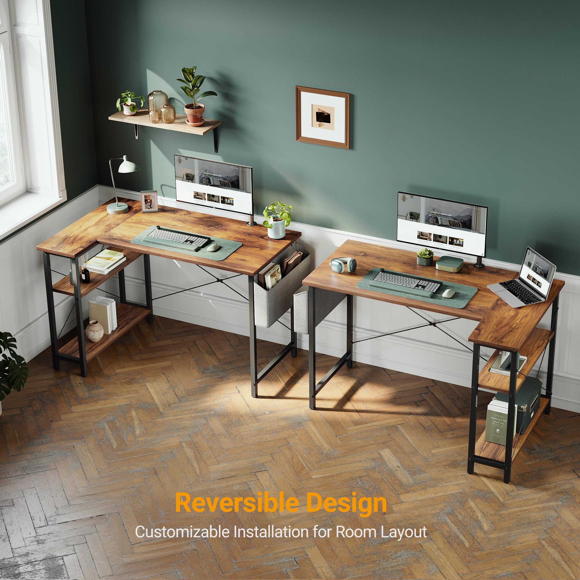 改CubiCubi L Shaped Desk, 40 Inch Computer Desk with Reversible Storage Shelves Home Office Corner Desk Study Writing Table, Deep Brown
