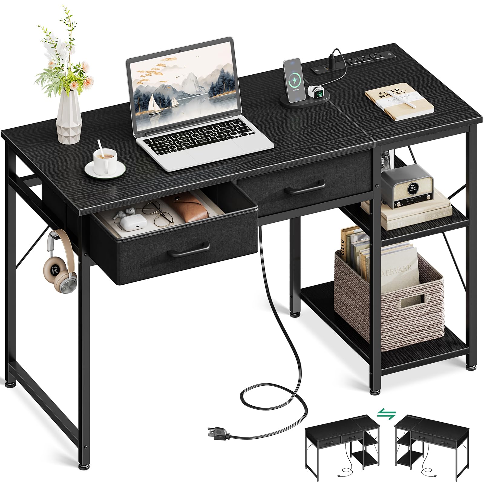 改Coleshome Laptop Desk, 40 Inch Small Desk with Drawers &amp; Power Outlet for Bedroom, Computer Desk Home Office Desk with Storage Shelves, Reversible Study Table Vanity Desk for Small Spaces, White