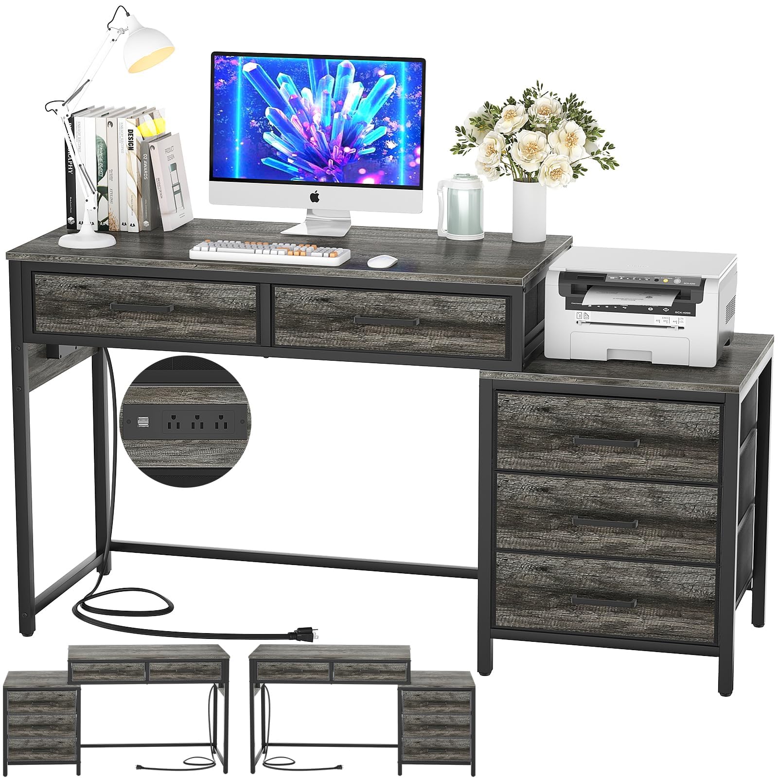 改Computer Desk with 5 Drawer, Reversible Office Desk with Power Outlets and USB Charging Ports, Sturdy Writing Table with File Cabinet and Printer Stand, Laptop Desk for Small Spaces, Black