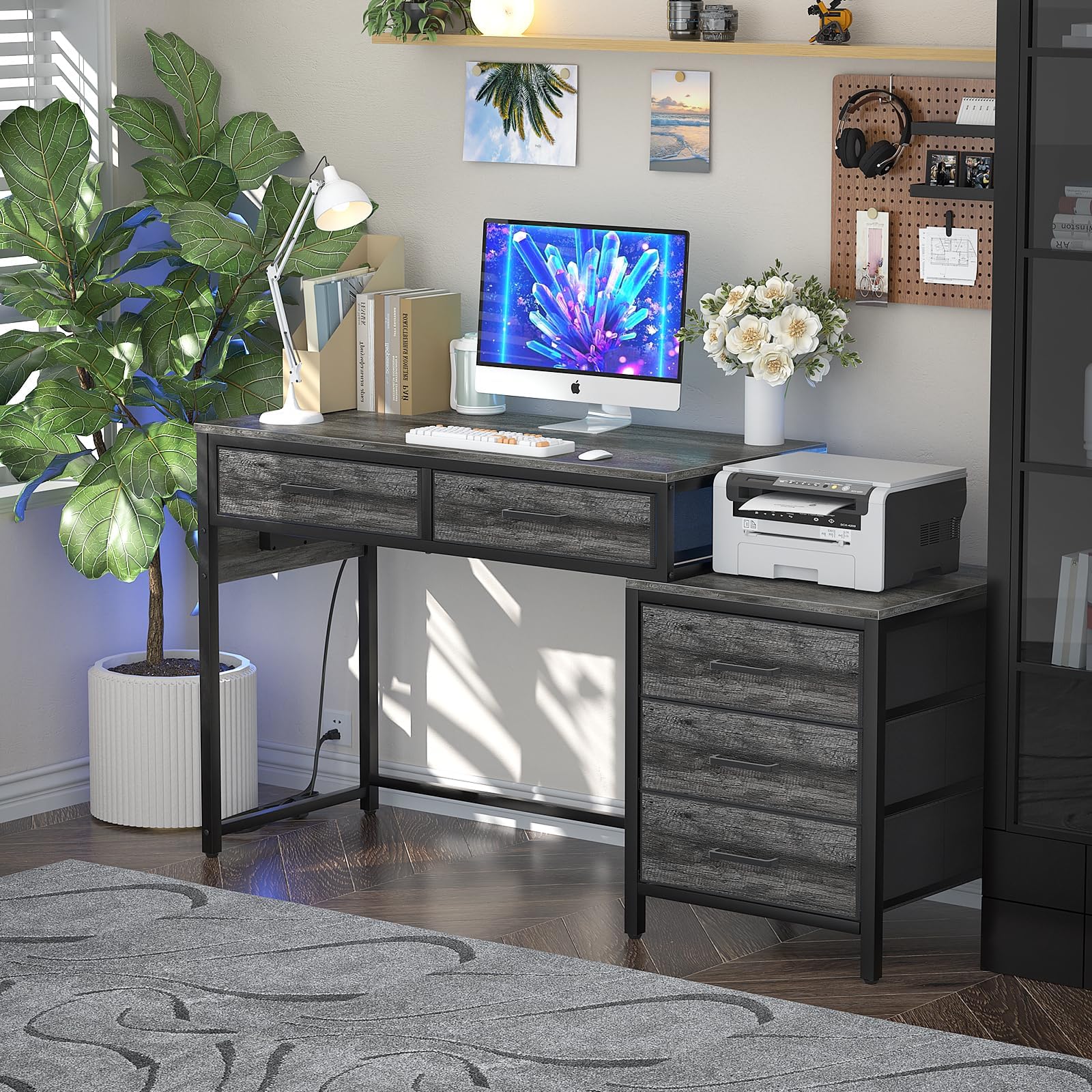 改Computer Desk with 5 Drawer, Reversible Office Desk with Power Outlets and USB Charging Ports, Sturdy Writing Table with File Cabinet and Printer Stand, Laptop Desk for Small Spaces, Black
