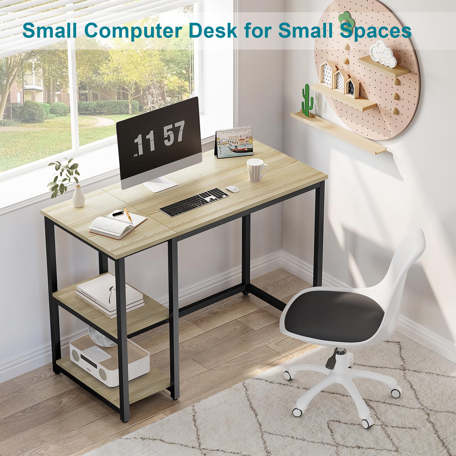 改SINPAID Computer Desk 40 inches with 2-Tier Shelves Sturdy Home Office Desk with Large Storage Space Modern Gaming Desk Study Writing Laptop Table, White Desk