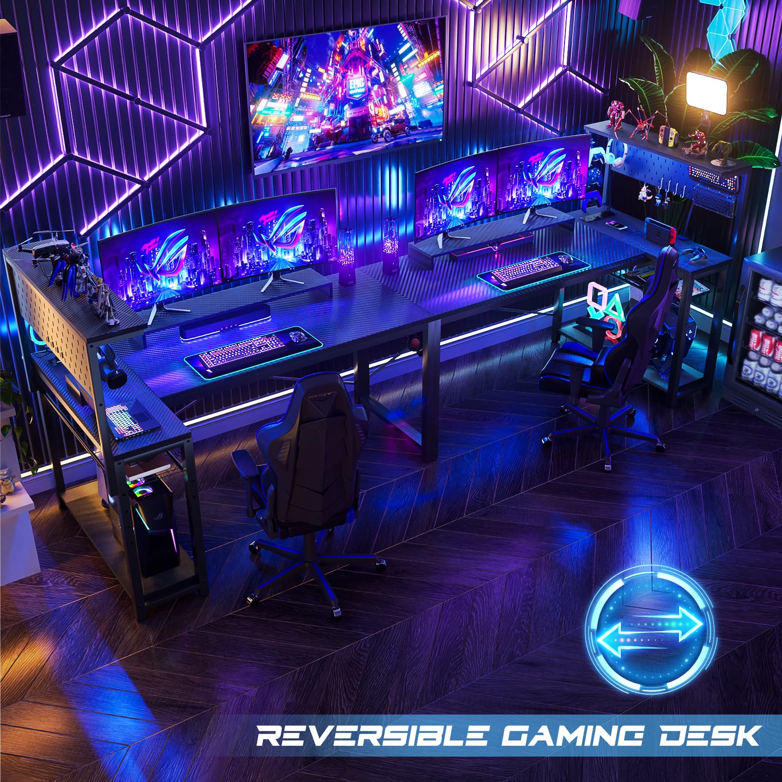 Small Gaming Desk with Power Outlets Pegboard LED Light, 43 Inch L Shaped Computer Desk with Monitor Stand Storage Shelves, Reversible Corner Desk with Headset Hooks