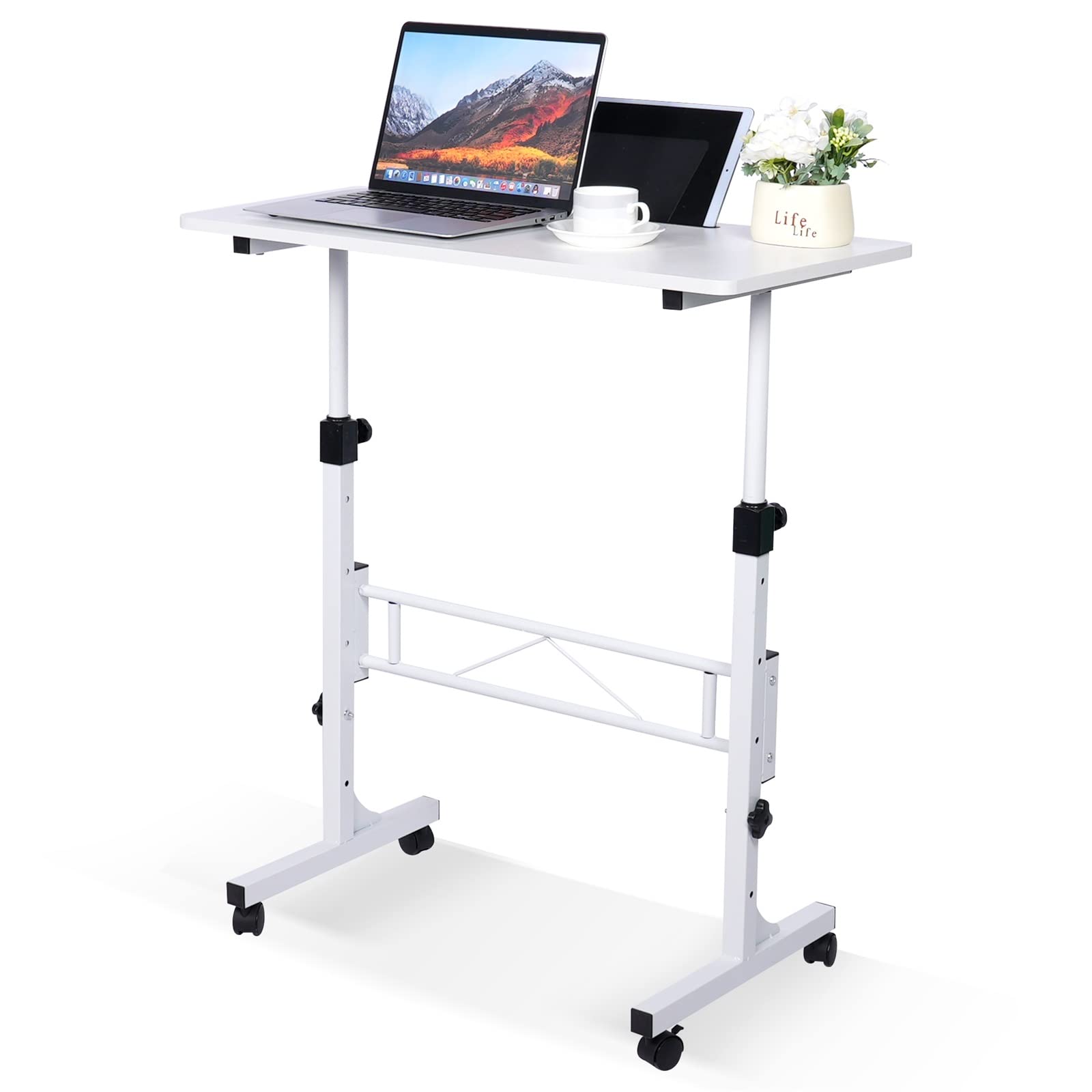 改KLSMYHOKI Standing Desk Adjustable Height, Mobile Stand Up Desk with Wheels Small Computer Desk Rolling Desk, Portable Laptop Desk White Standing Table Home Office Desks 16"x31.5" Height 27"-43.5"
