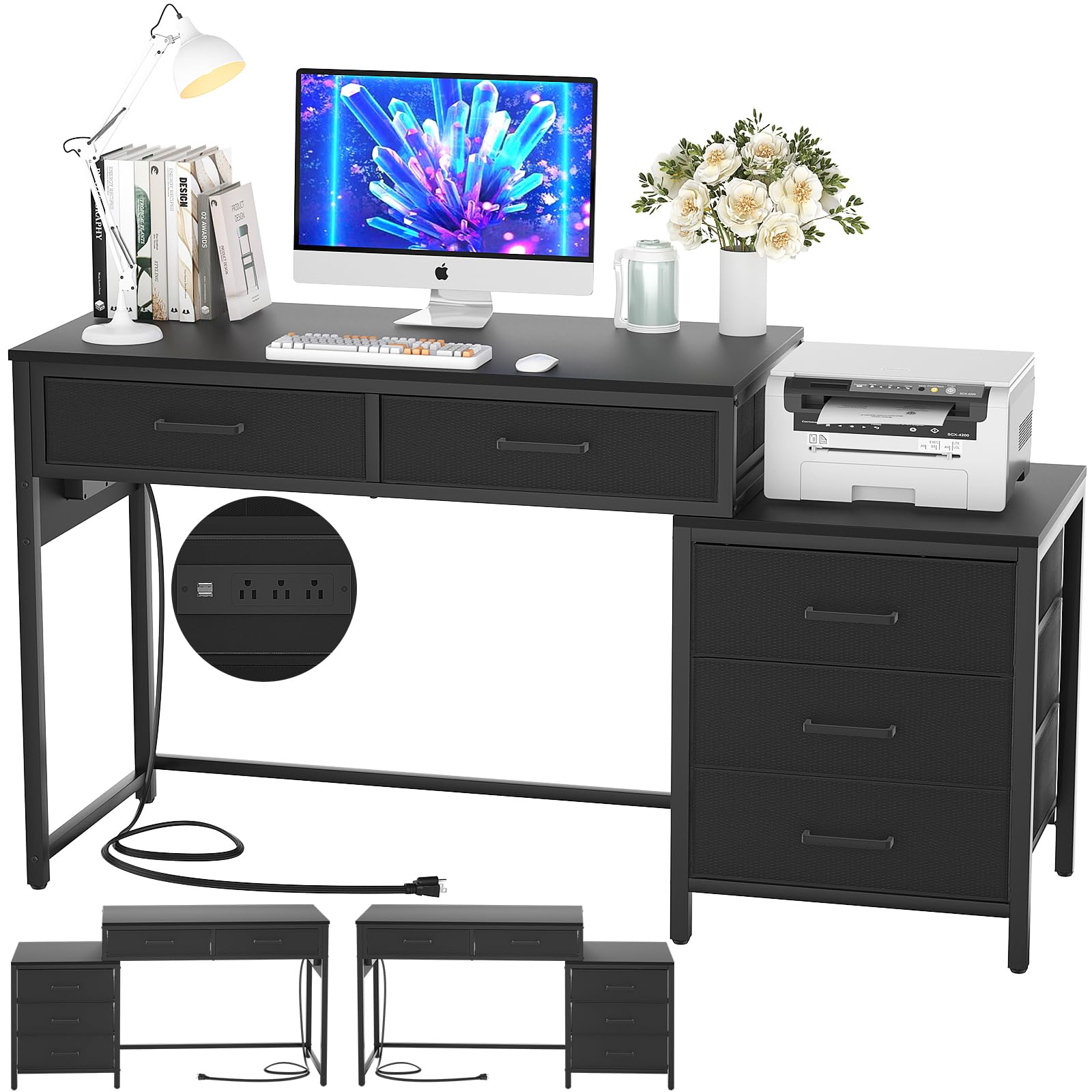 改Computer Desk with 5 Drawer, Reversible Office Desk with Power Outlets and USB Charging Ports, Sturdy Writing Table with File Cabinet and Printer Stand, Laptop Desk for Small Spaces, Black