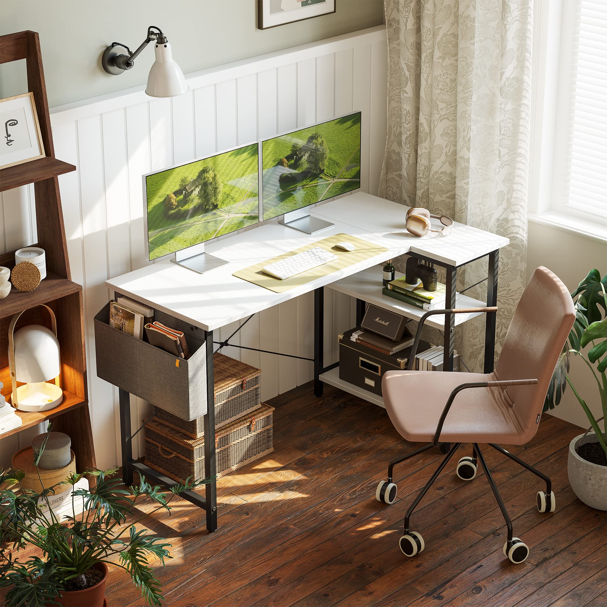 L Shaped Desk, Computer Desk with Reversible Storage Shelves Home Office Corner Desk Study Writing Table