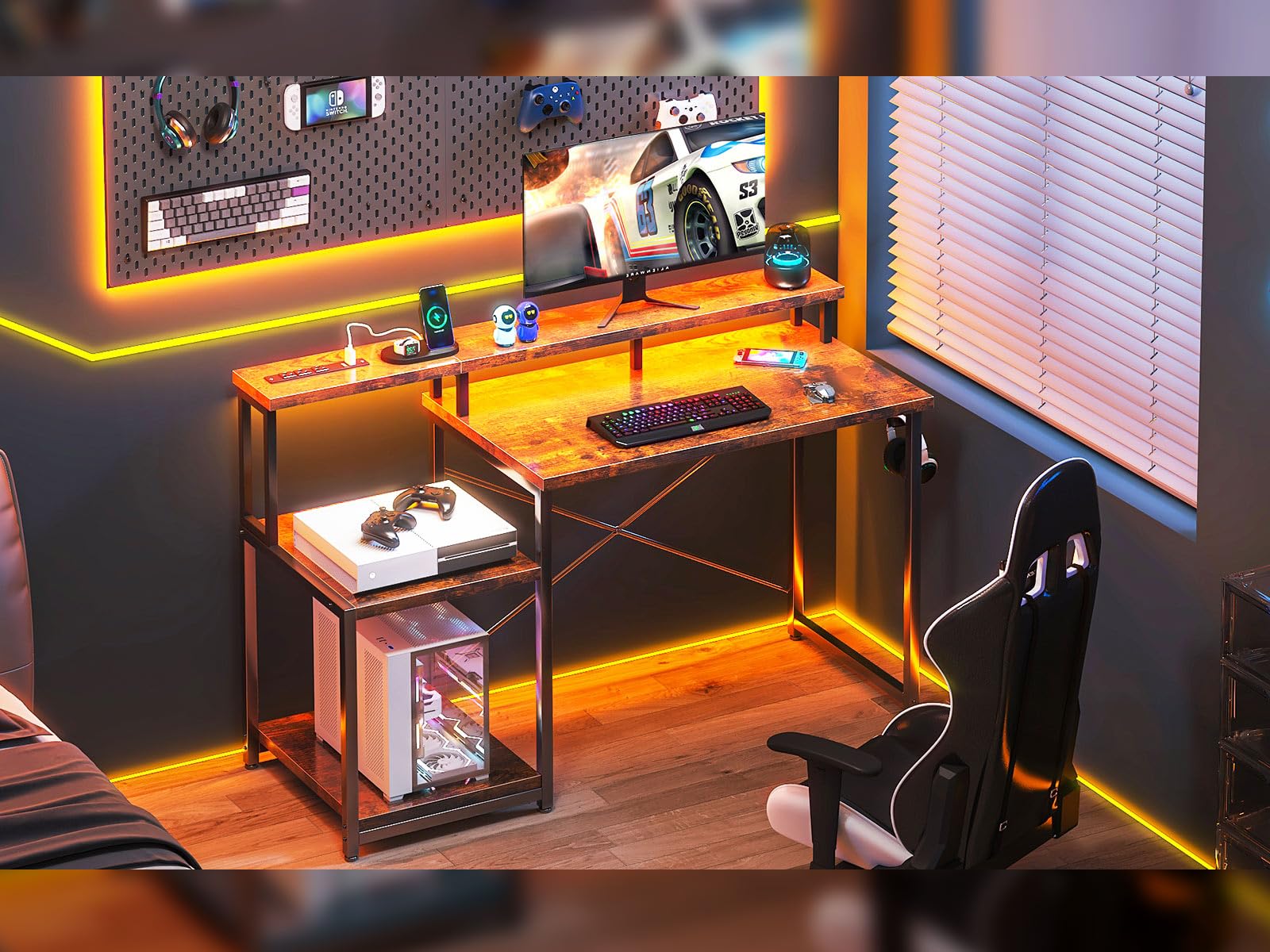 Computer Desk, 48 Inch Gaming Desk with Led Lights &amp; Power Outlet, Office Desk with Printer Storage Shelves, Reversible Desk with Monitor Shelf &amp; Headphone Hook, Carbon Fiber Black