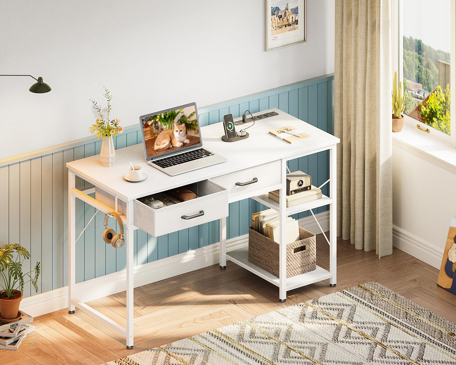 Laptop Desk, 40 Inch Small Desk with Drawers &amp; Power Outlet for Bedroom, Computer Desk Home Office Desk with Storage Shelves, Reversible Study Table Vanity Desk for Small Spaces, White