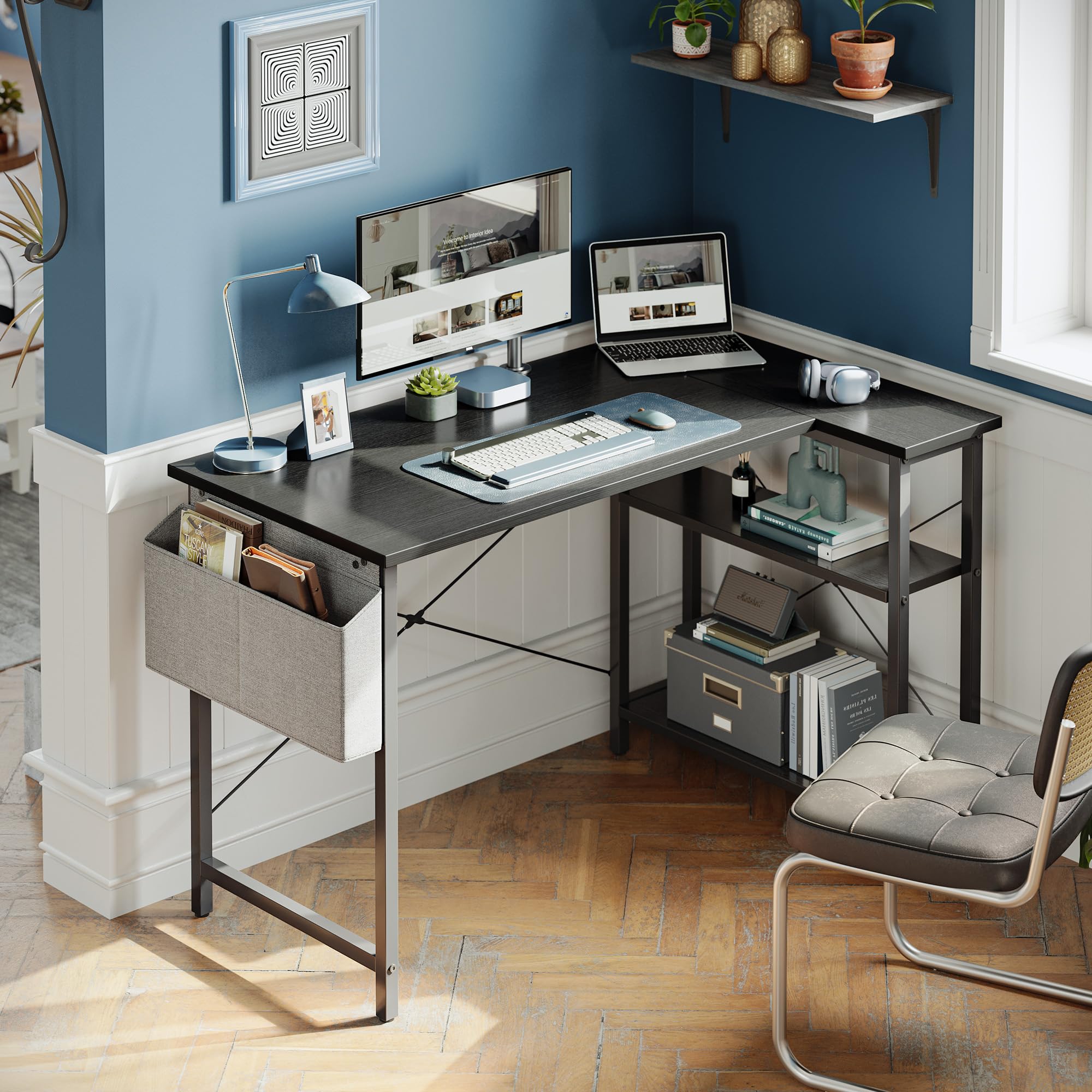 L Shaped Desk, Computer Desk with Reversible Storage Shelves Home Office Corner Desk Study Writing Table