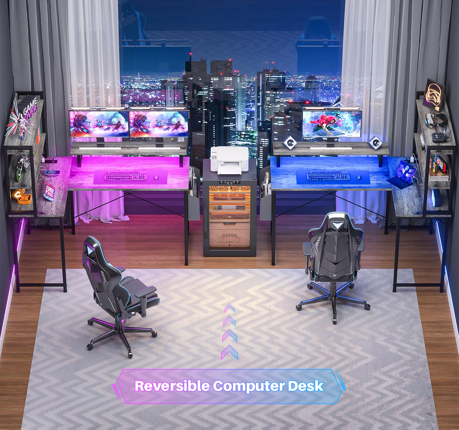 L Shaped Computer Desk with Bookshelf, 47 Inch Reversible Corner Gaming Desk with Charging Station & Led Light, Home Office Desk with Hutch Monitor Stand Storage Shelves Bag