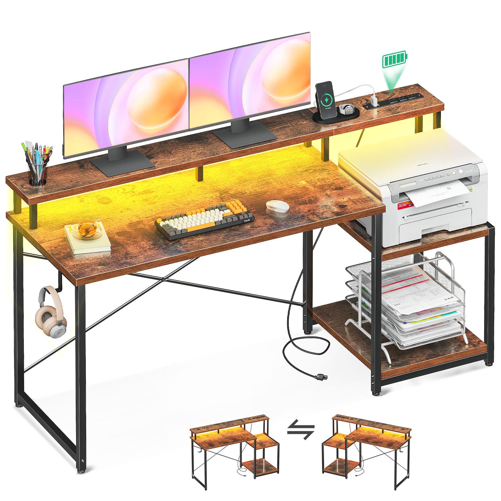 改AODK Computer Desk, 48 Inch Gaming Desk with Led Lights &amp; Power Outlet, Office Desk with Printer Storage Shelves, Reversible Desk with Monitor Shelf &amp; Headphone Hook, Carbon Fiber Black