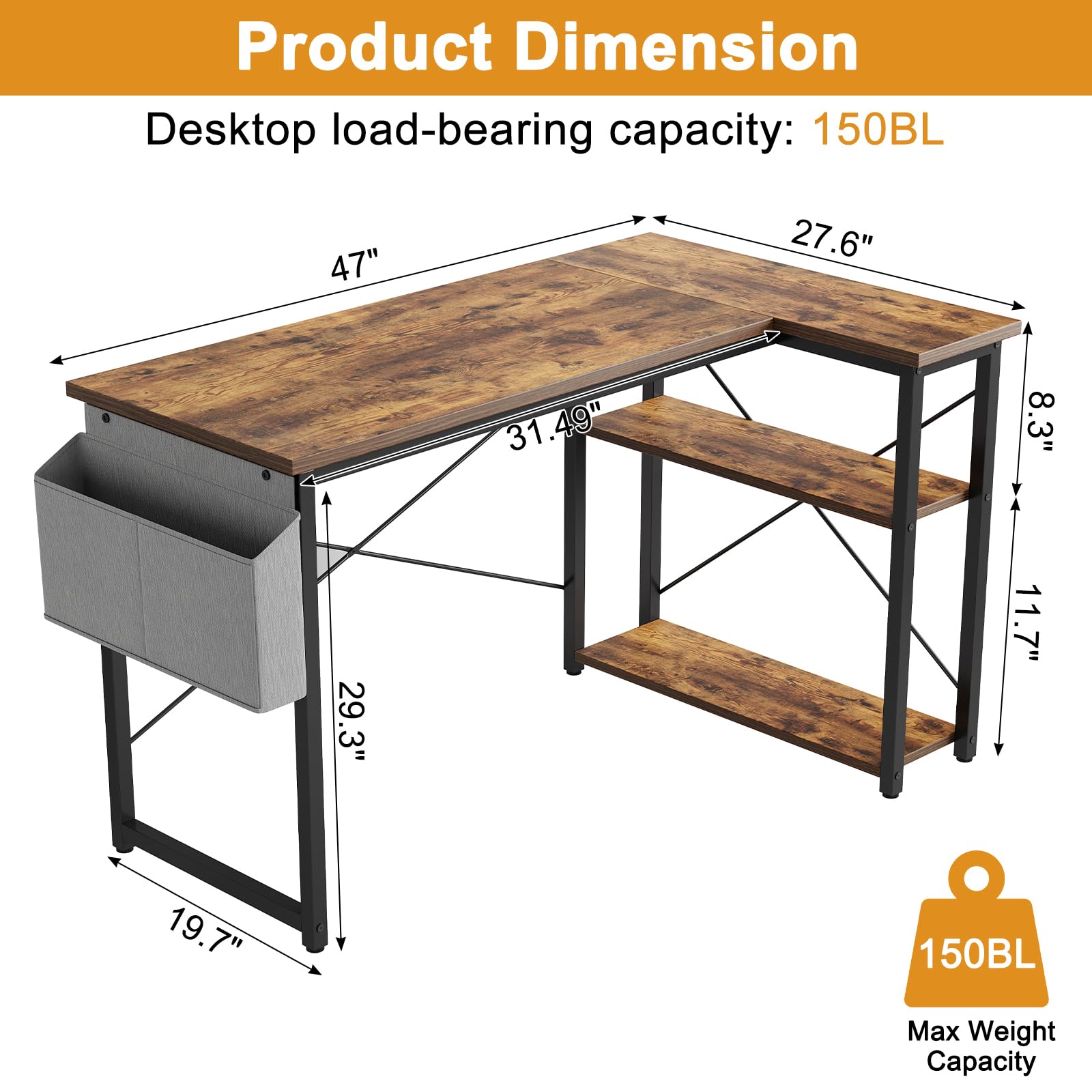 L Shaped Computer Desk with Reversible Shelves, 40 Inch Small Corner Desk with Storage Bag, Gaming Desk Computer Table Study Writing Desk for Home Office Small Space