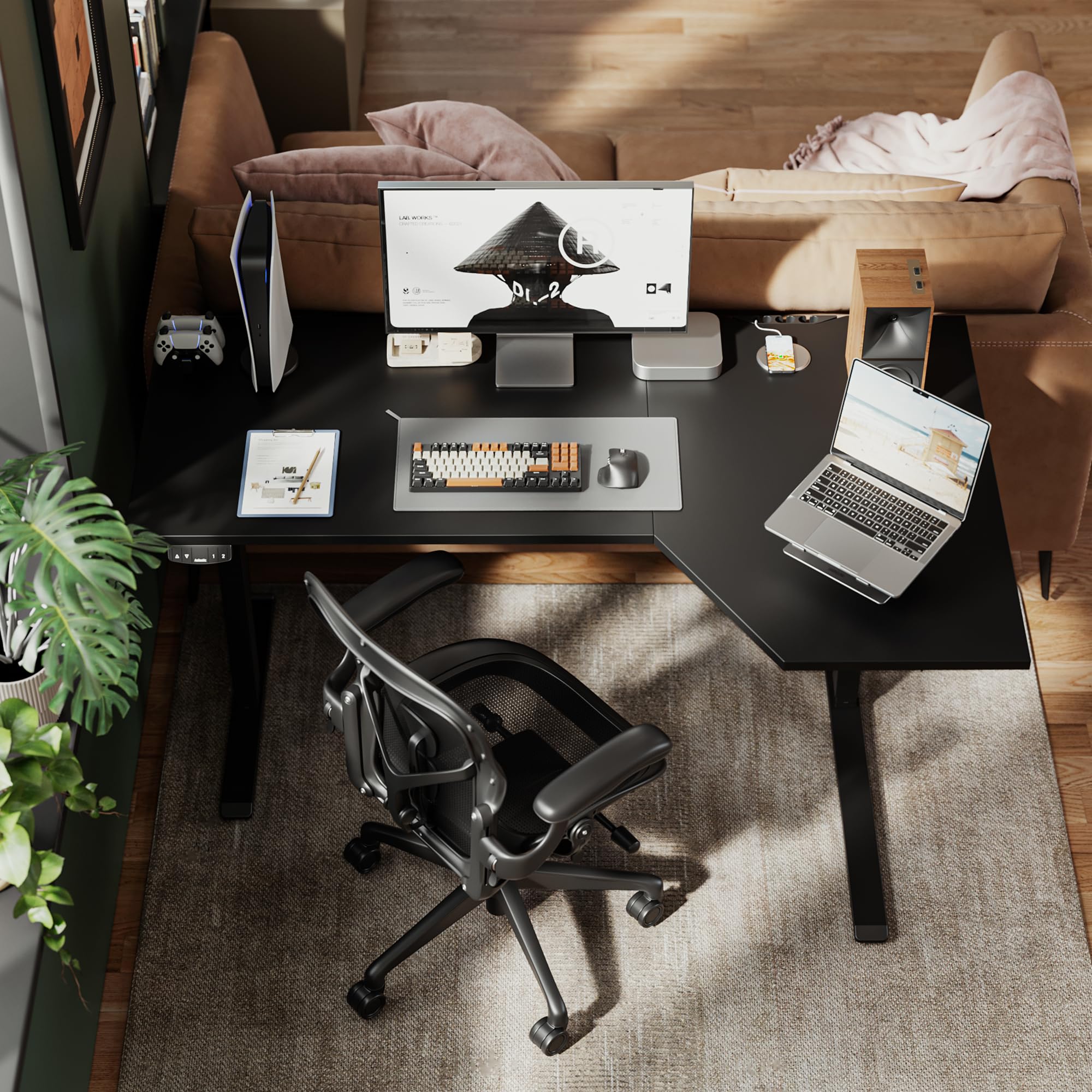 改Agilestic Electric Standing Desk, L-shaped 55 Inches Height Adjustable Desk, Sit and Stand up Desk for Work Office Home, Ergonomic Rising Computer Table for Home Office with Splice Board, Rustic Brown