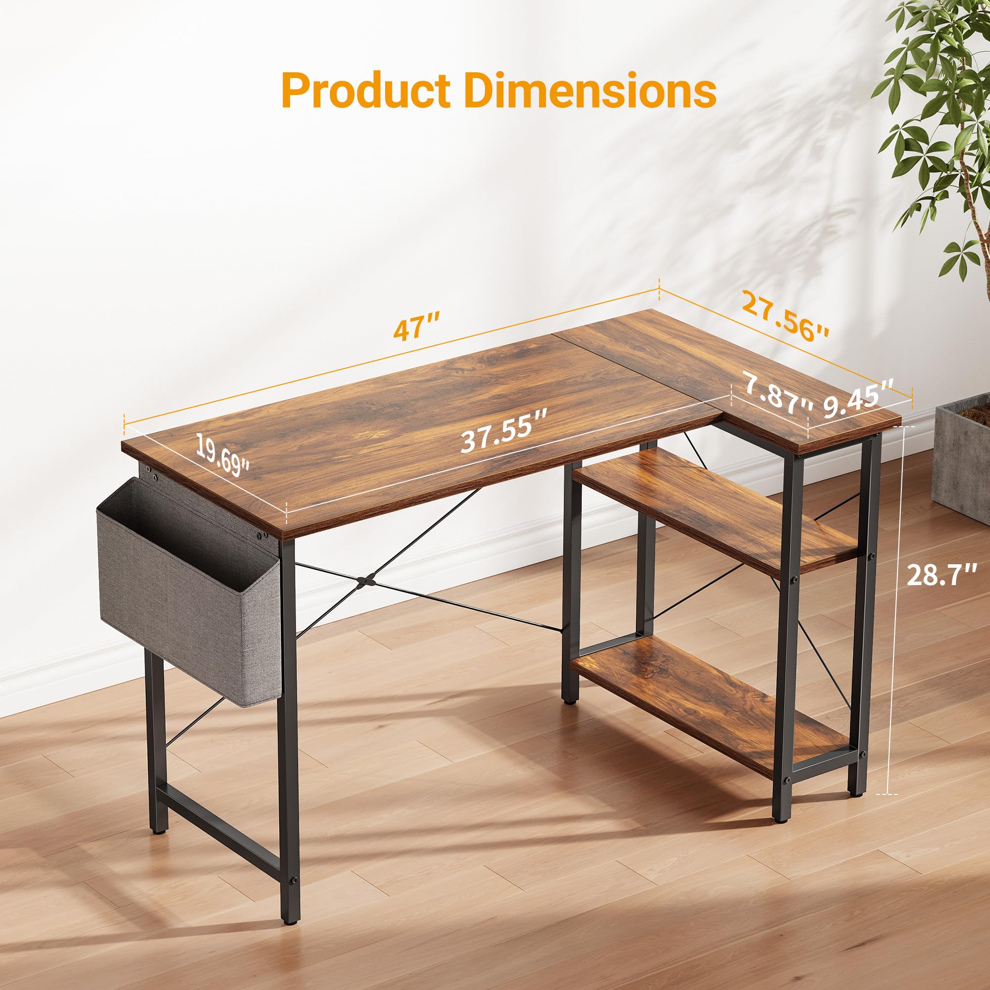 改CubiCubi L Shaped Desk, 40 Inch Computer Desk with Reversible Storage Shelves Home Office Corner Desk Study Writing Table, Deep Brown