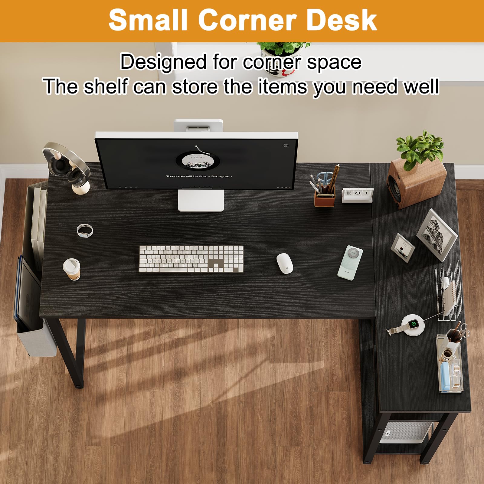 改L Shaped Computer Desk with Reversible Shelves, 40 Inch Small Corner Desk with Storage Bag, Gaming Desk Computer Table Study Writing Desk for Home Office Small Space, Rustic Brown