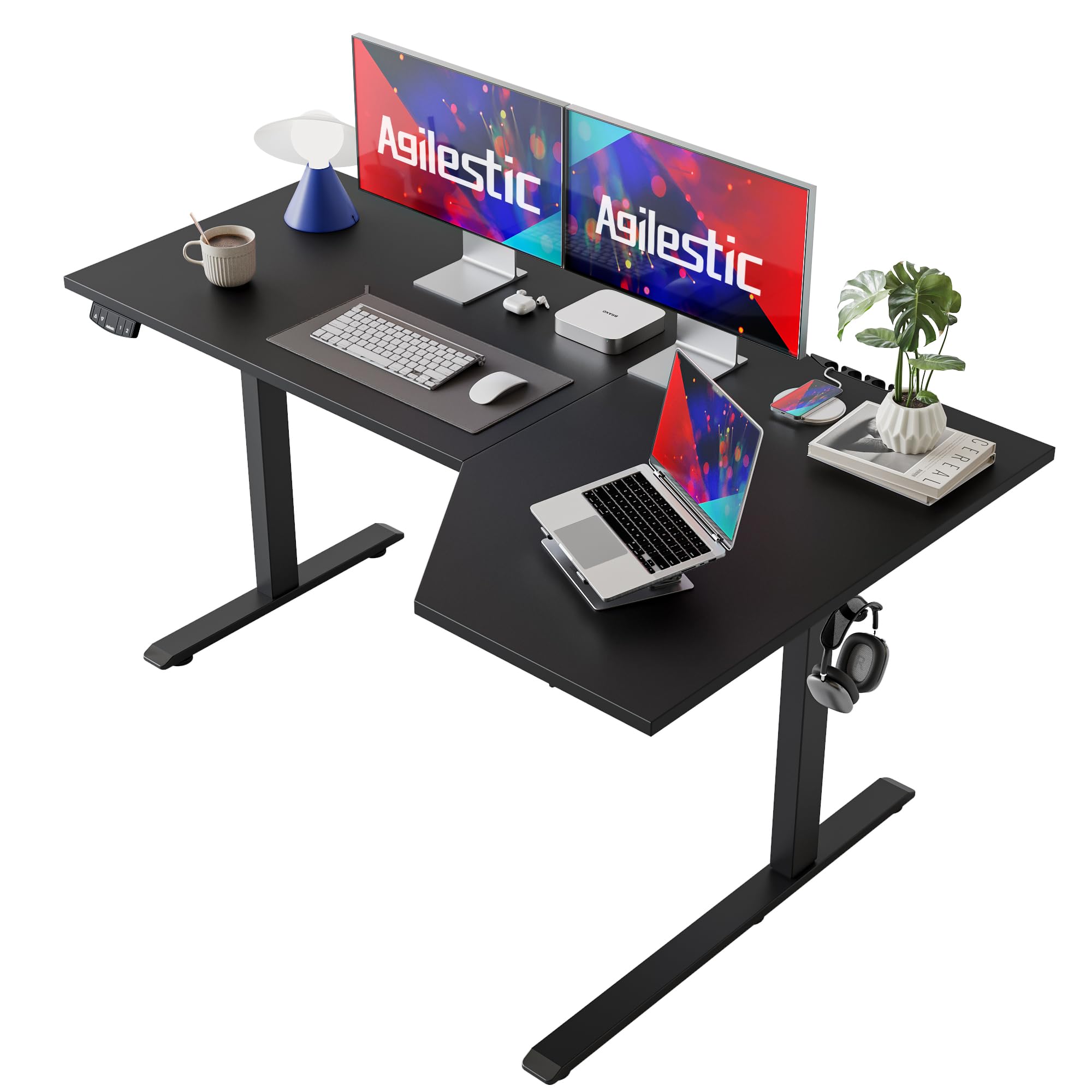 改Agilestic Electric Standing Desk, L-shaped 55 Inches Height Adjustable Desk, Sit and Stand up Desk for Work Office Home, Ergonomic Rising Computer Table for Home Office with Splice Board, Rustic Brown