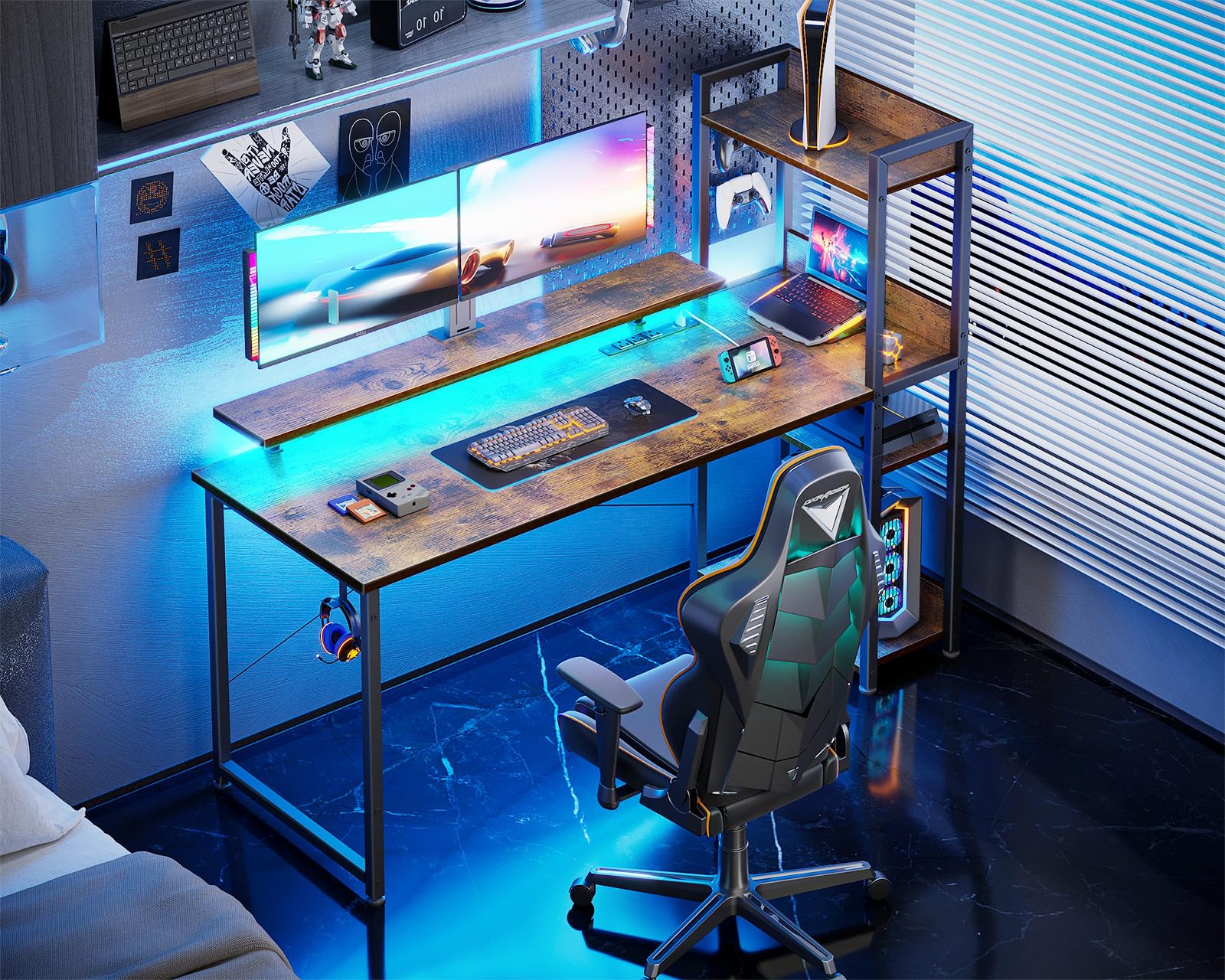 ODK Reversible Gaming Desk with USB Charging Port and LED Lights, 40 Inch Computer Desk with Storage Shelves &amp; Monitor Stand, Study Table for Home Office, Small Space Bedroom, Carbon Fiber Black