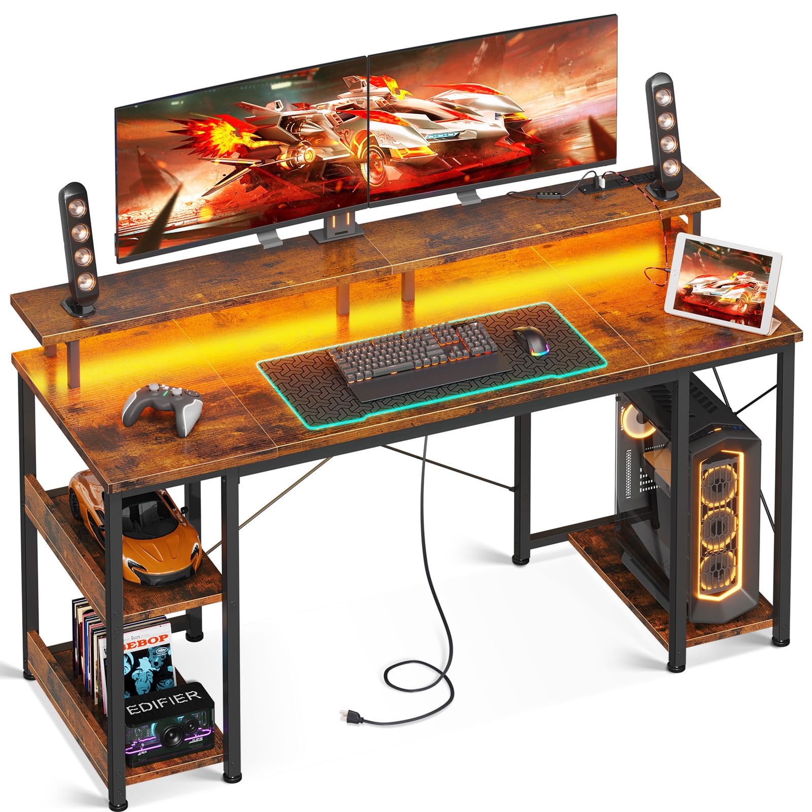 改ODK 48 inch Gaming Desk with LED Lights & Power Outlets, Computer Desk with Monitor Stand & Storage Sheves, CPU Stand, Home Office Desk, Black
