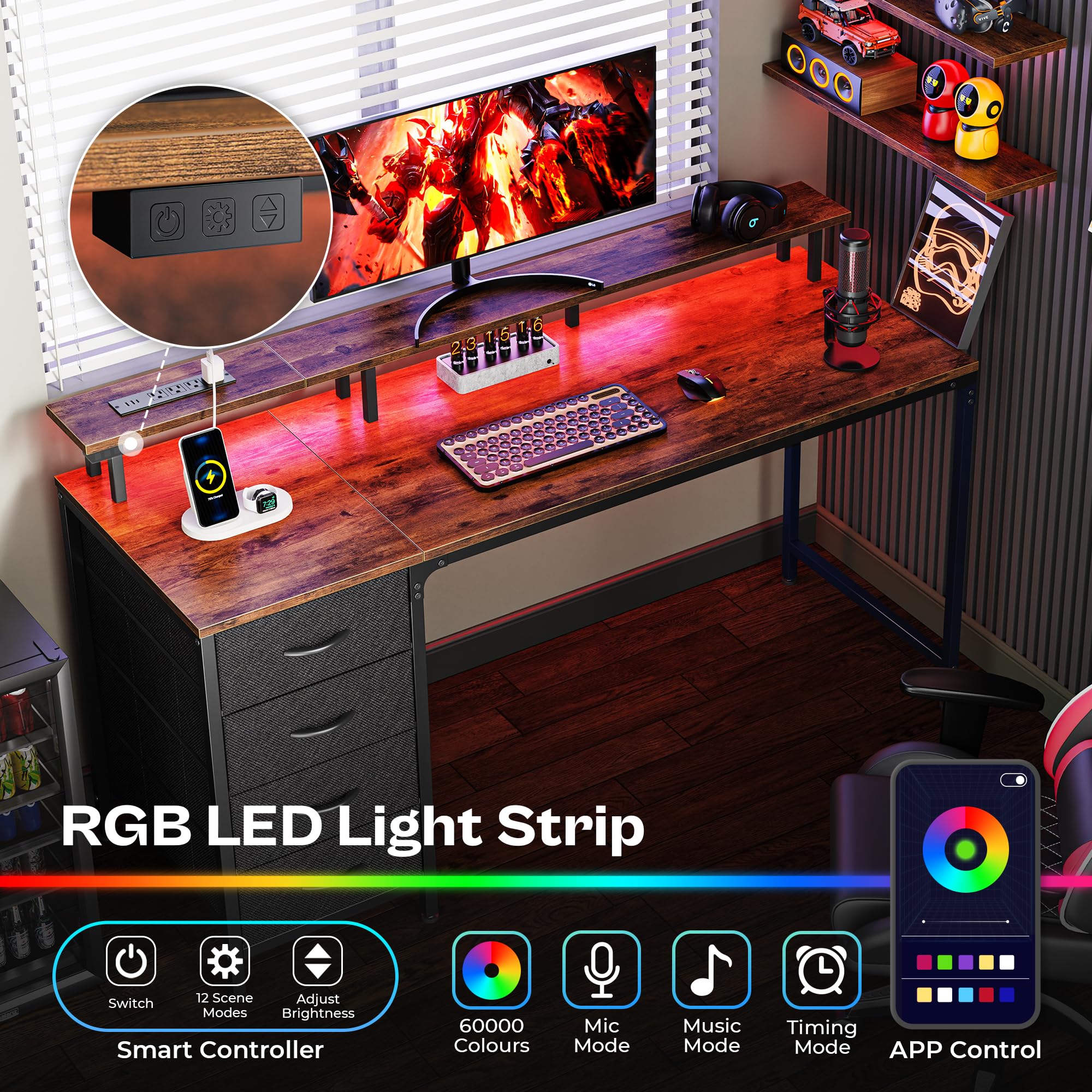 47 Inch Computer Desk with Power Outlets and LED Lights, Gaming Desk with 4 Drawers, Office Desk with Monitor Stand, Study Desk Work Desk for Home Office, Small Spaces, Black