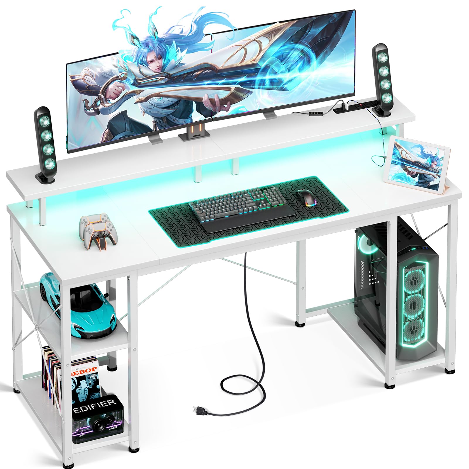 改ODK 48 inch Gaming Desk with LED Lights &amp; Power Outlets, Computer Desk with Monitor Stand &amp; Storage Sheves, CPU Stand, Home Office Desk, Black