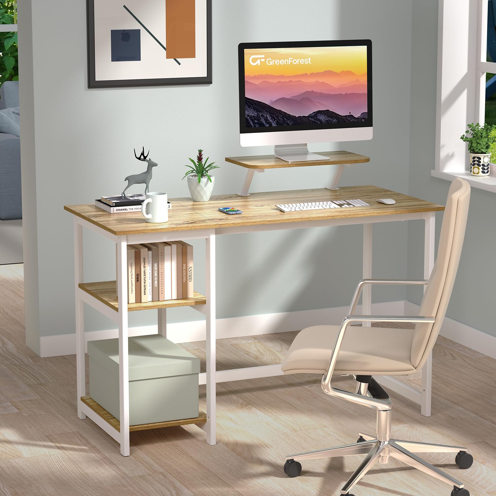 改GreenForest Computer Desk 39 Inch with Monitor Stand, Office Desk with Adjustable Storage Shelves, Small Gaming Desk for Home Work Writing Study, Black