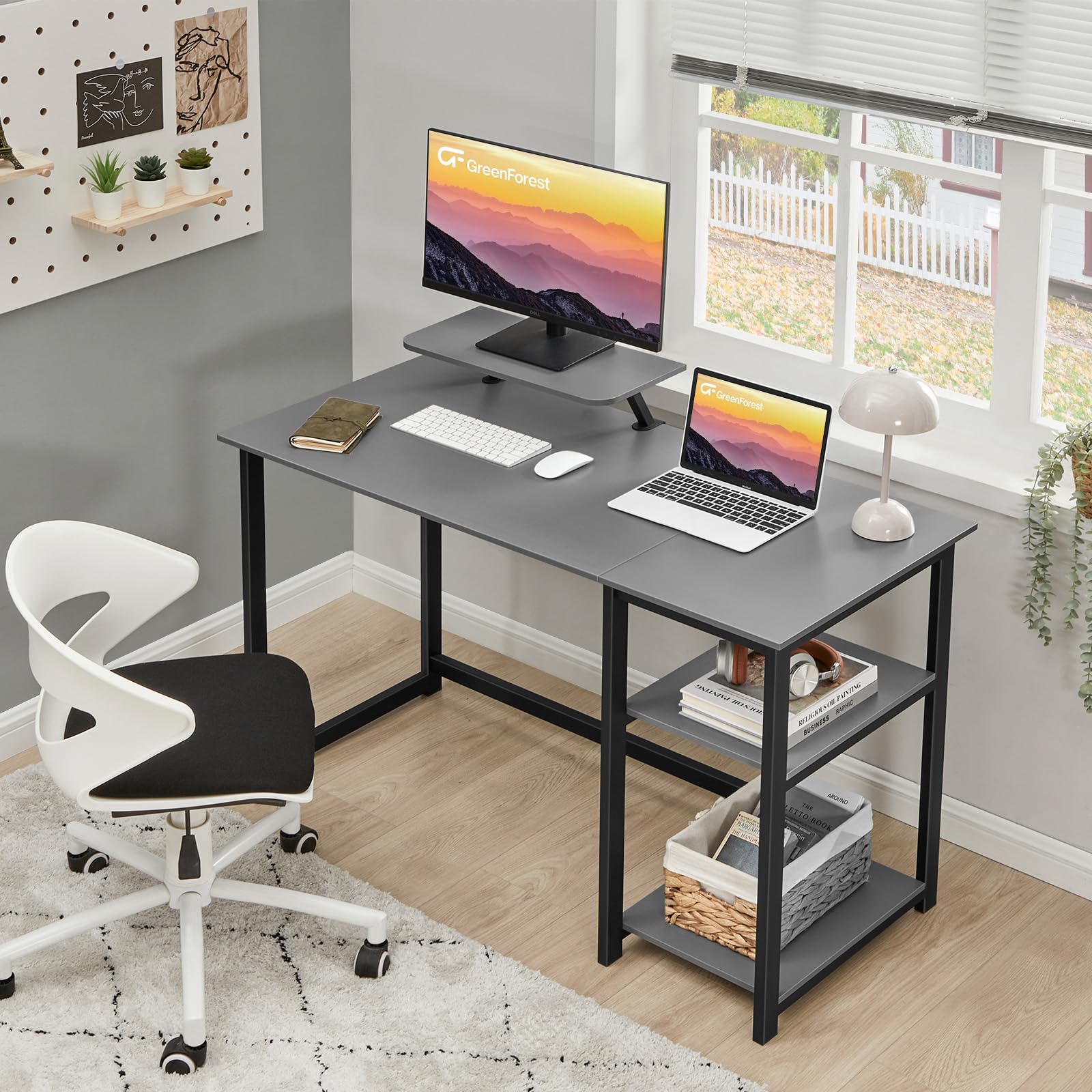 GreenForest Computer Desk 39 Inch with Monitor Stand, Office Desk with Adjustable Storage Shelves, Small Gaming Desk for Home Work Writing Study, Black